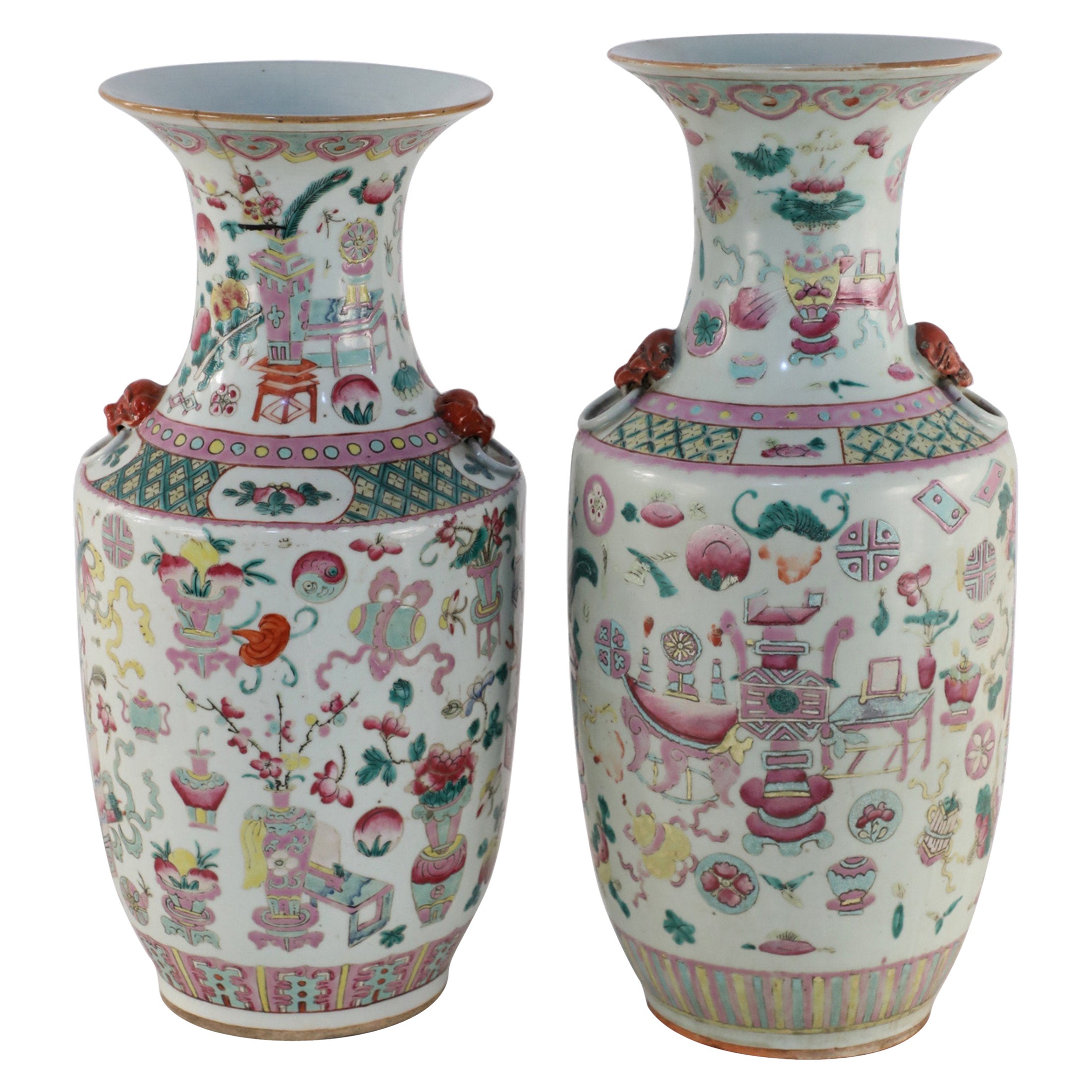 Pair of Chinese Bogu Pattern Lobed Porcelain Vases