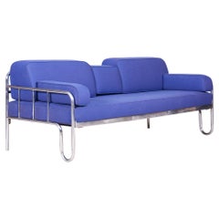 Vintage Fully Restored Blue Bauhaus Chrome Sofa, 1930s Czechia