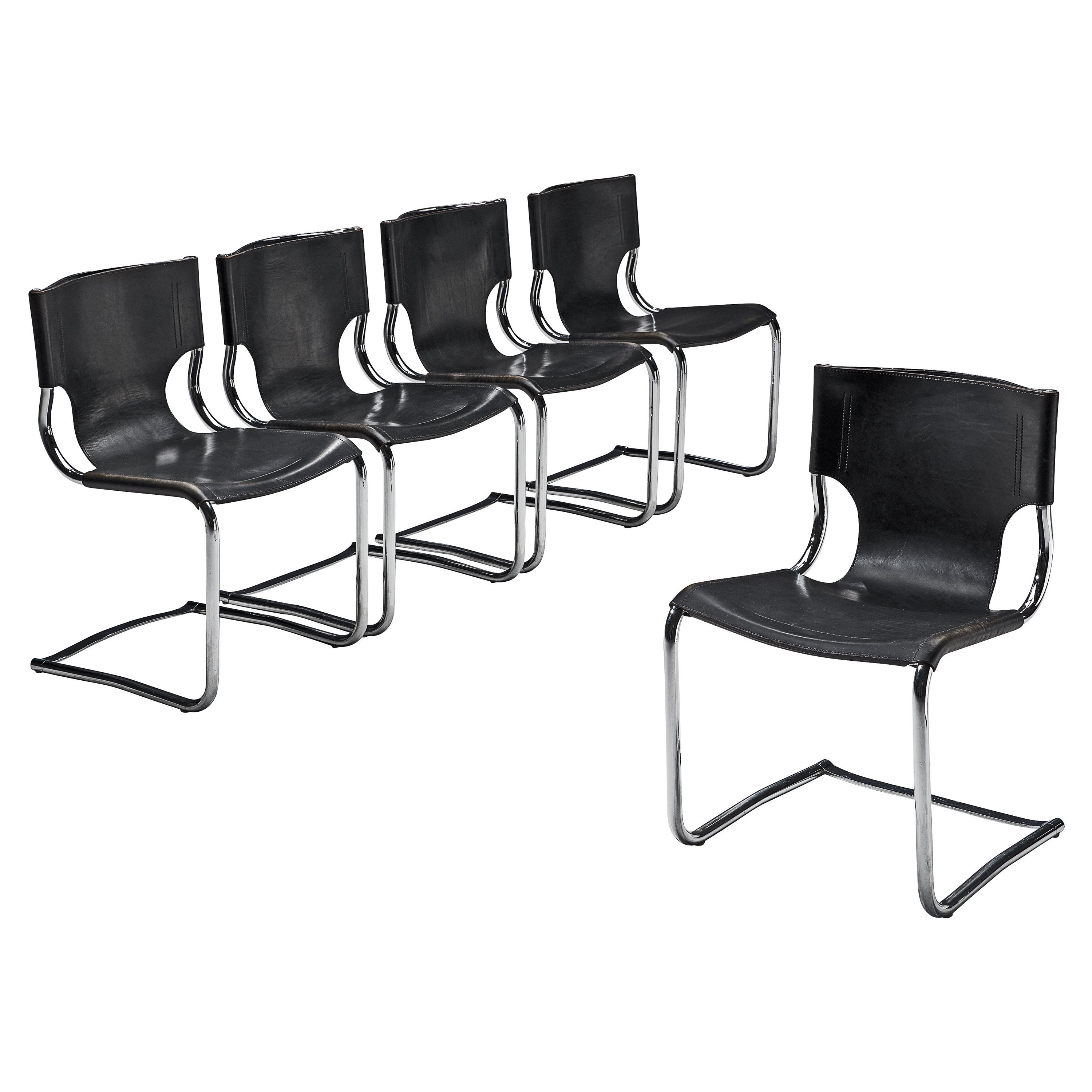 Claudio Bartoli Set of Five Dining Chairs in Tubular Steel and Leather