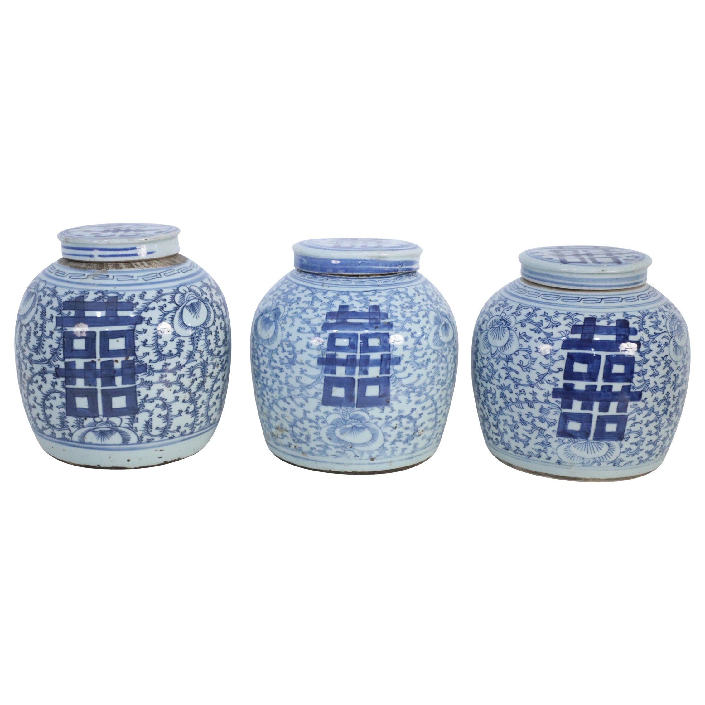 Chinese Blue and White Character Lidded Ginger Jar Vases