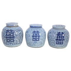 Antique Chinese Blue and White Character Lidded Ginger Jar Vases