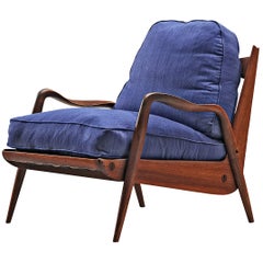 Phillip Lloyd Powell 'New Hope' Lounge Chair in Walnut and Blue Upholstery 