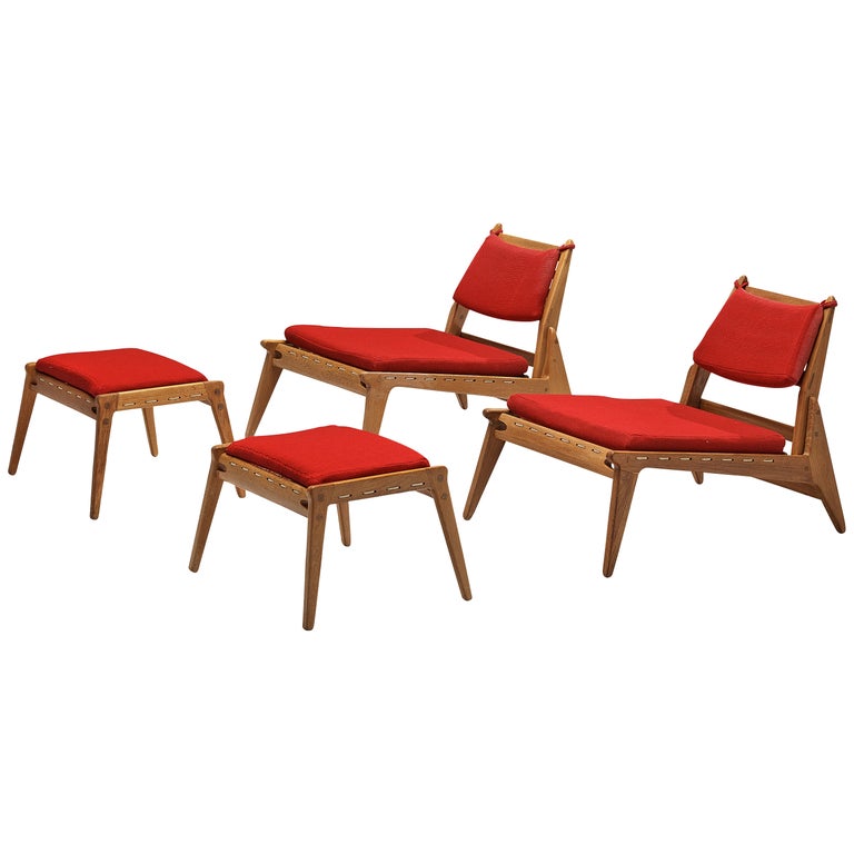 Pair of Low Lounge Chairs with Ottoman in Oak and Red Upholstery For