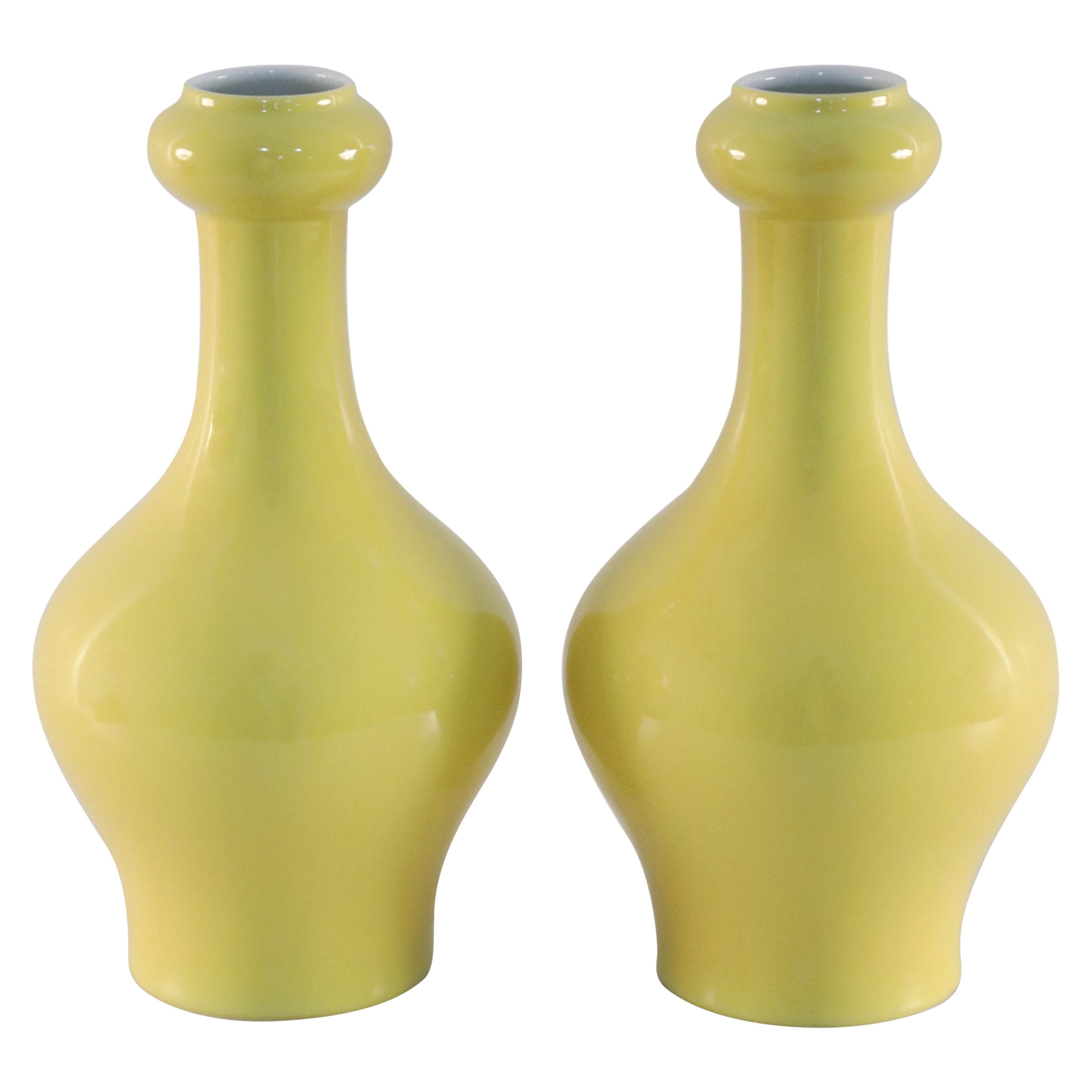 Pair of Chinese Yellow Garlic-Mouthed Porcelain Vases