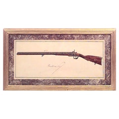 Antique 19 Austrian Continental Framed Watercolors of Firearms