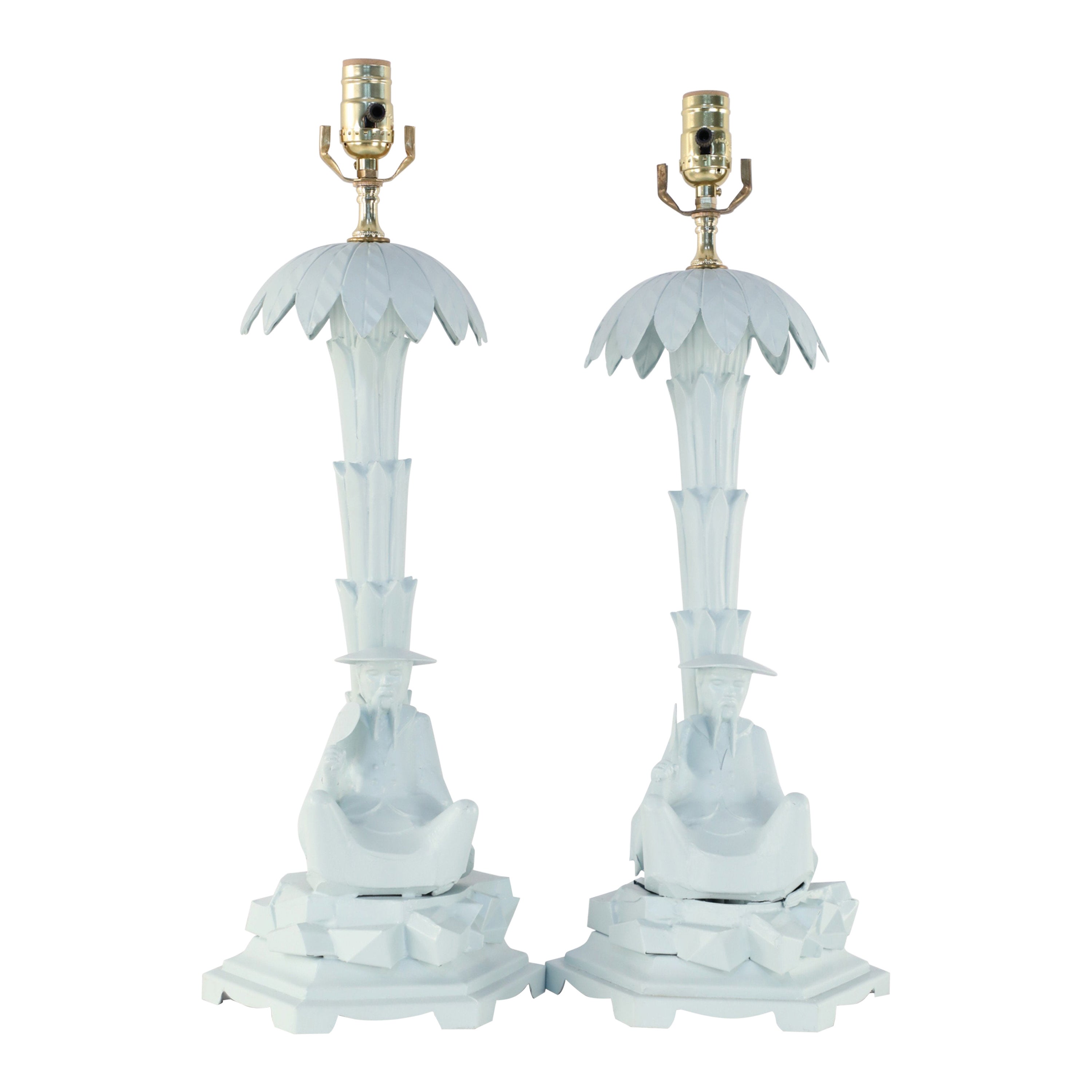 Pair of Chinese Blue Tole Palm Tree and Man Table Lamps For Sale