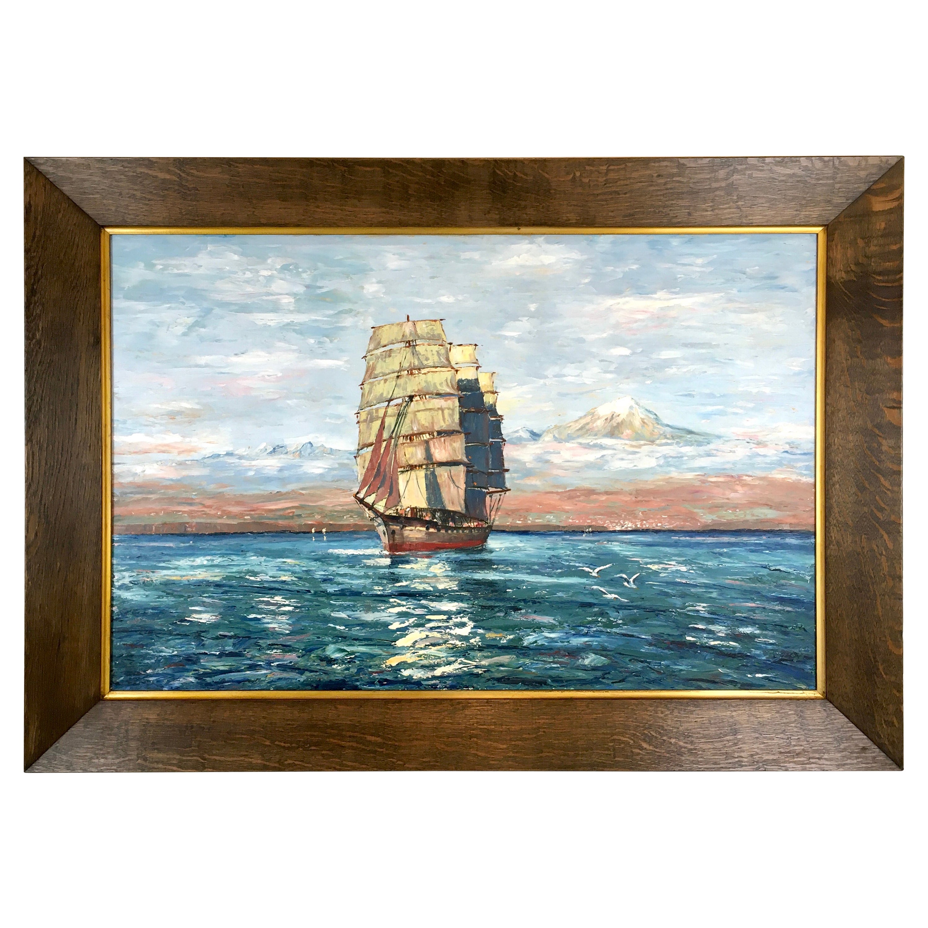 Large Marine or Ship Painting after Hans Bohrdt 1930s Original Solid Oak Frame