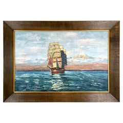 Large Marine or Ship Painting after Hans Bohrdt 1930s Original Solid Oak Frame