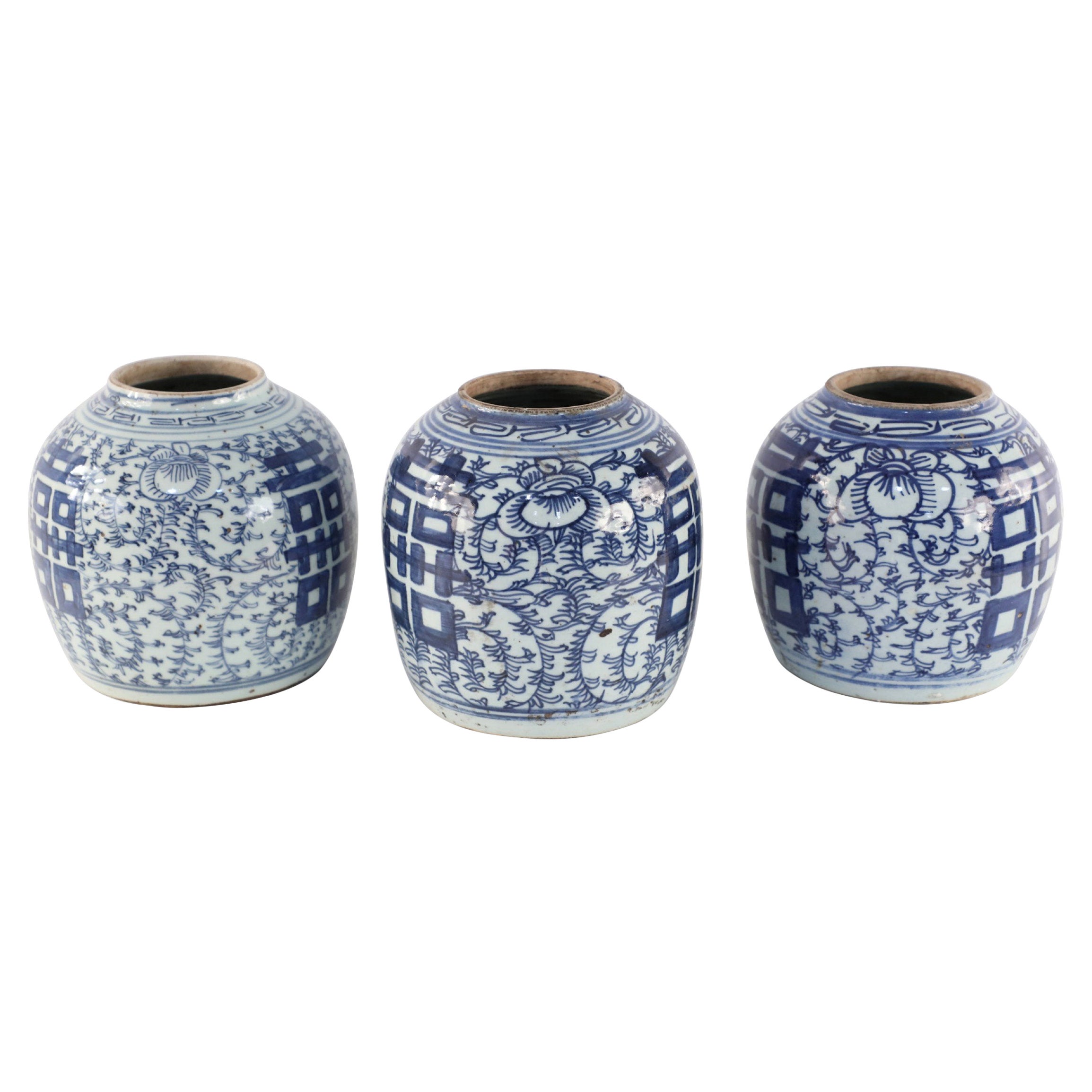 Chinese White and Blue Character and Floral Ginger Jar Vases