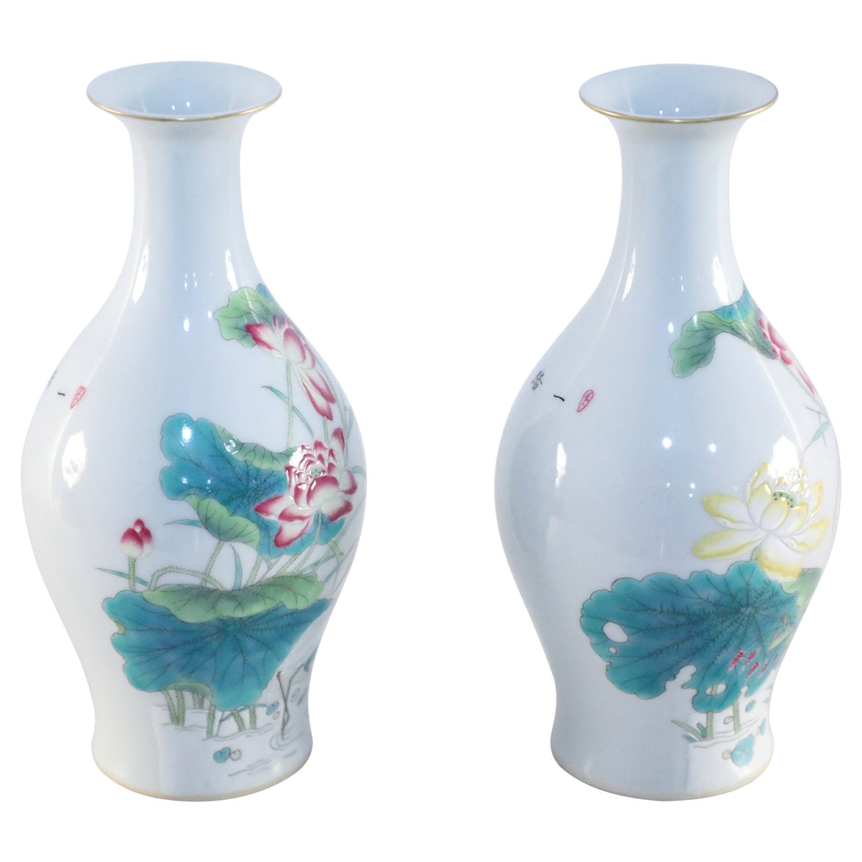 Pair of Chinese White Famille Rose Pear-Shaped Porcelain Vases