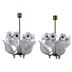 Pair Italian Chandelier Franco Luce White Murano Glass Brass Parts Gold, 1960s