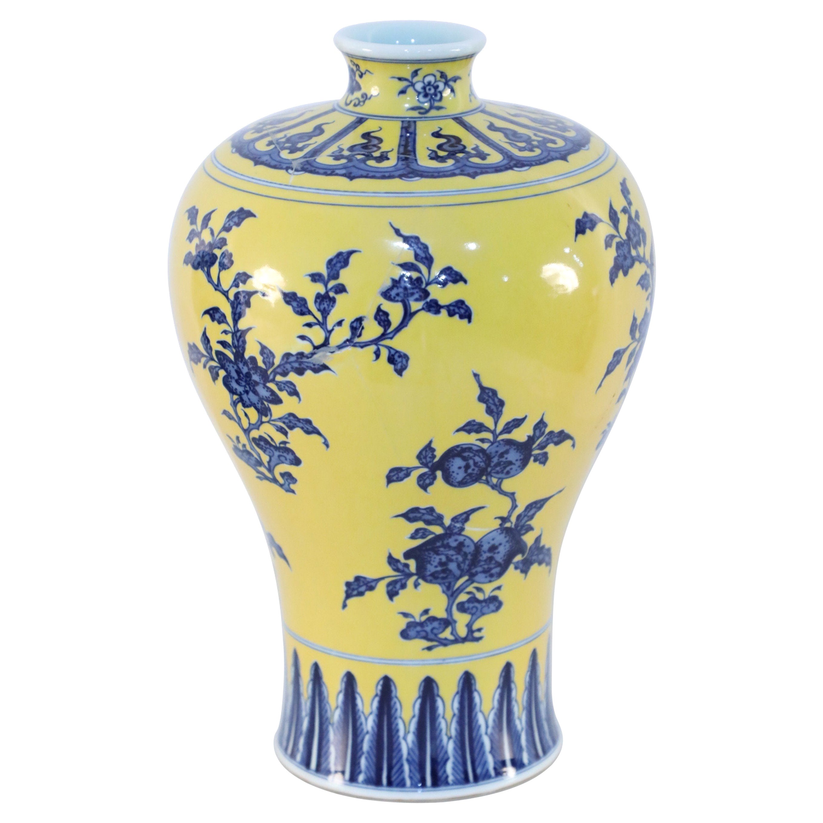 Chinese Yellow and Blue Floral Meiping Porcelain Vase