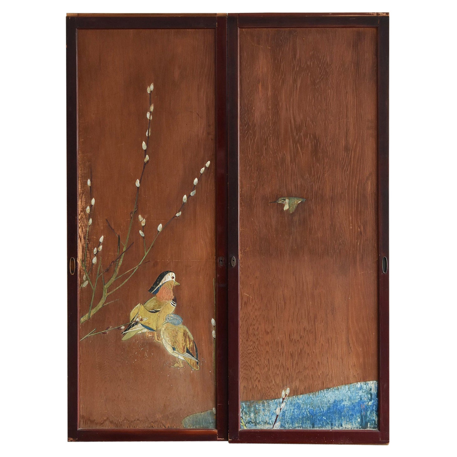 Japanese Antique Sliding Door / Wooden Door with Birds / Painting / Partition