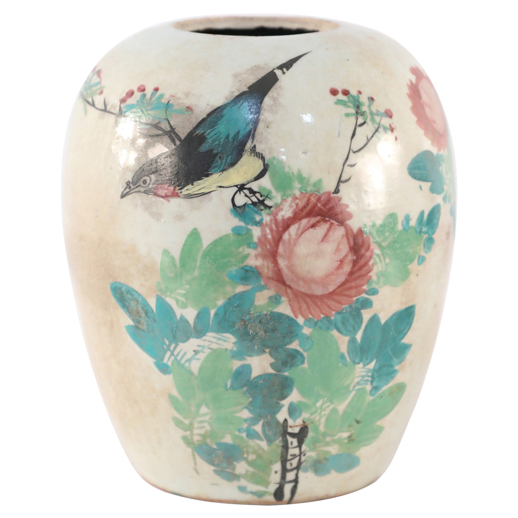 Jarrón redondo de porcelana china con motivos botánicos en beige y verde
