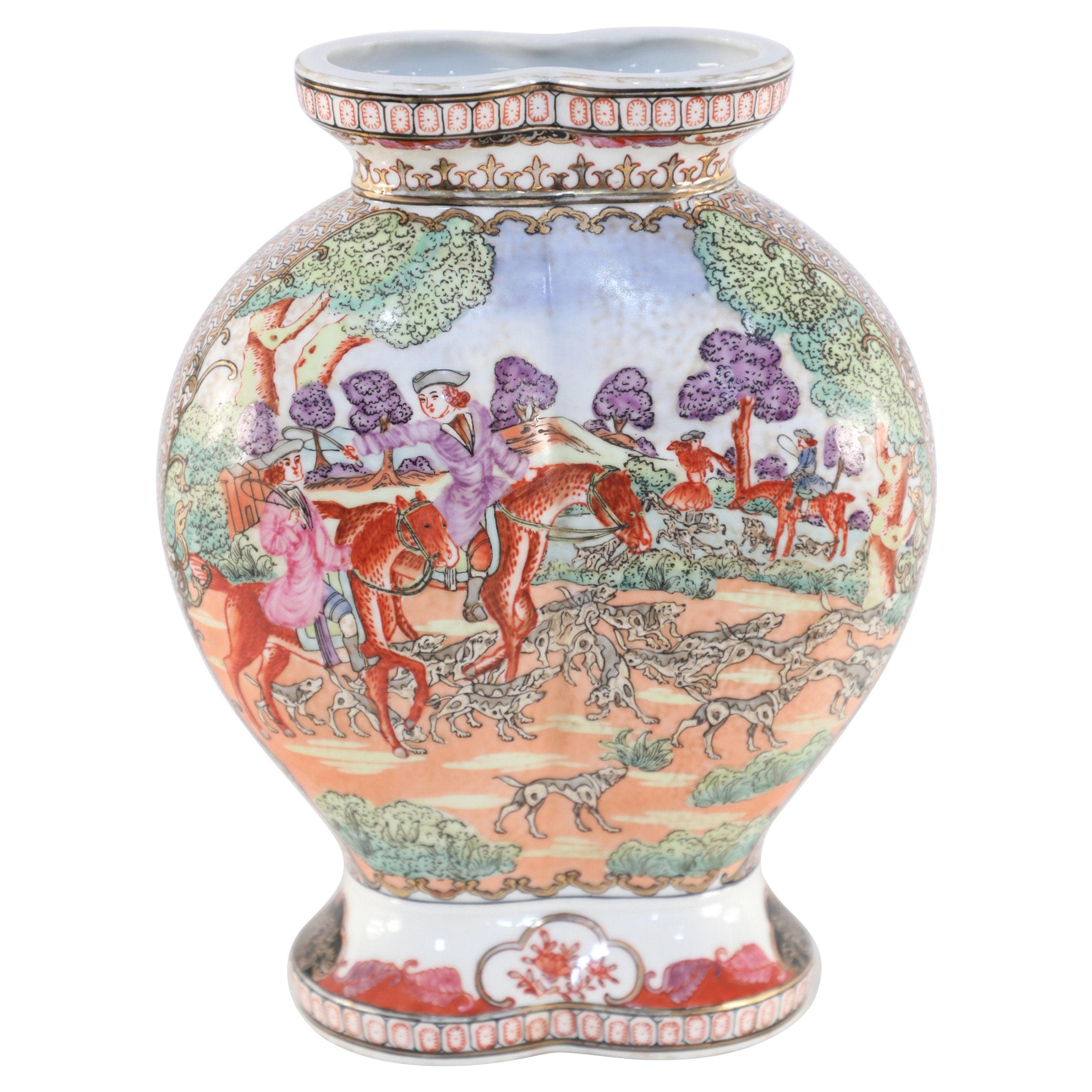 Chinese Guangzhou Dog Hunt Scene Conjoined Vase For Sale