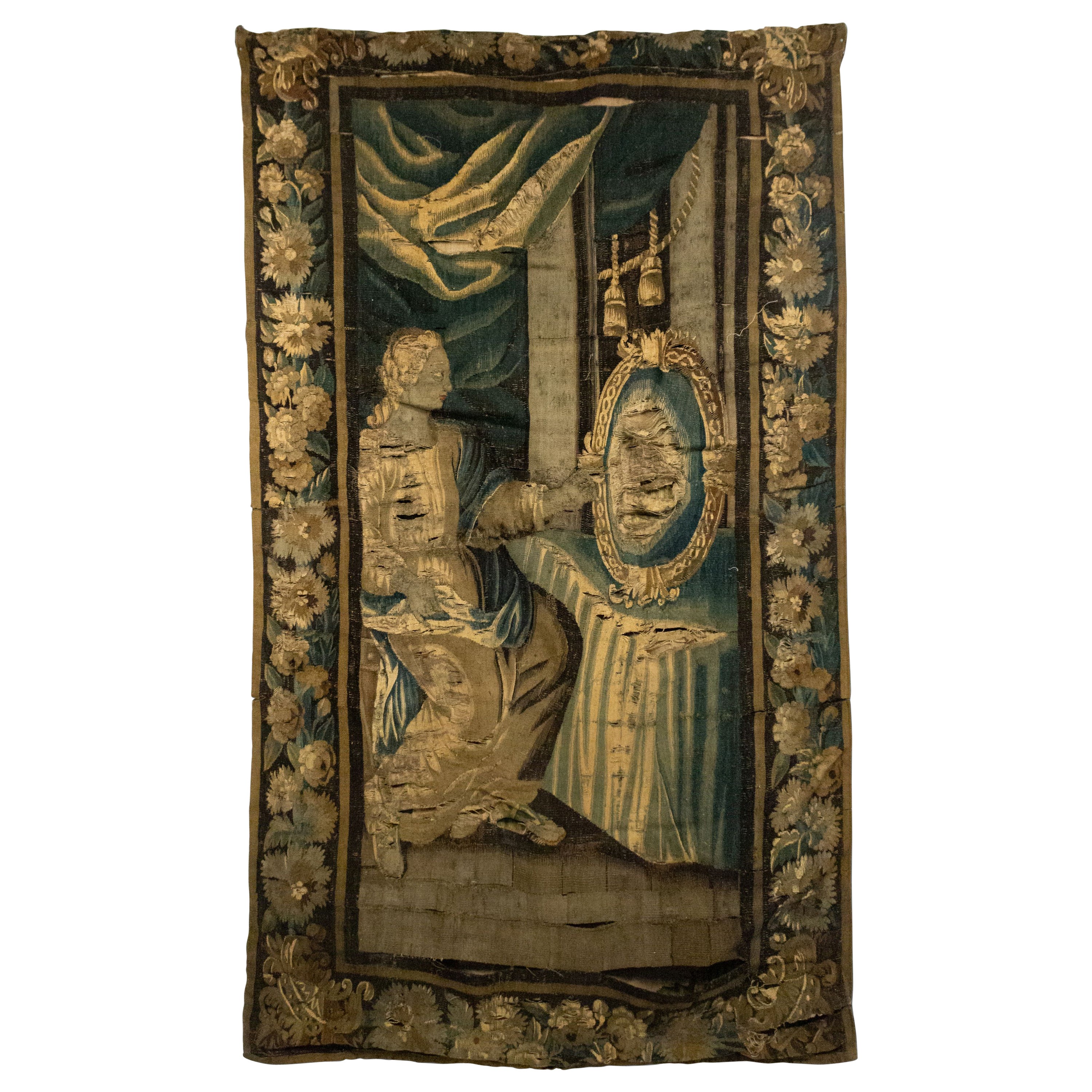 Belgian 17th Century Woven Tapestry of a Lady and Mirror For Sale