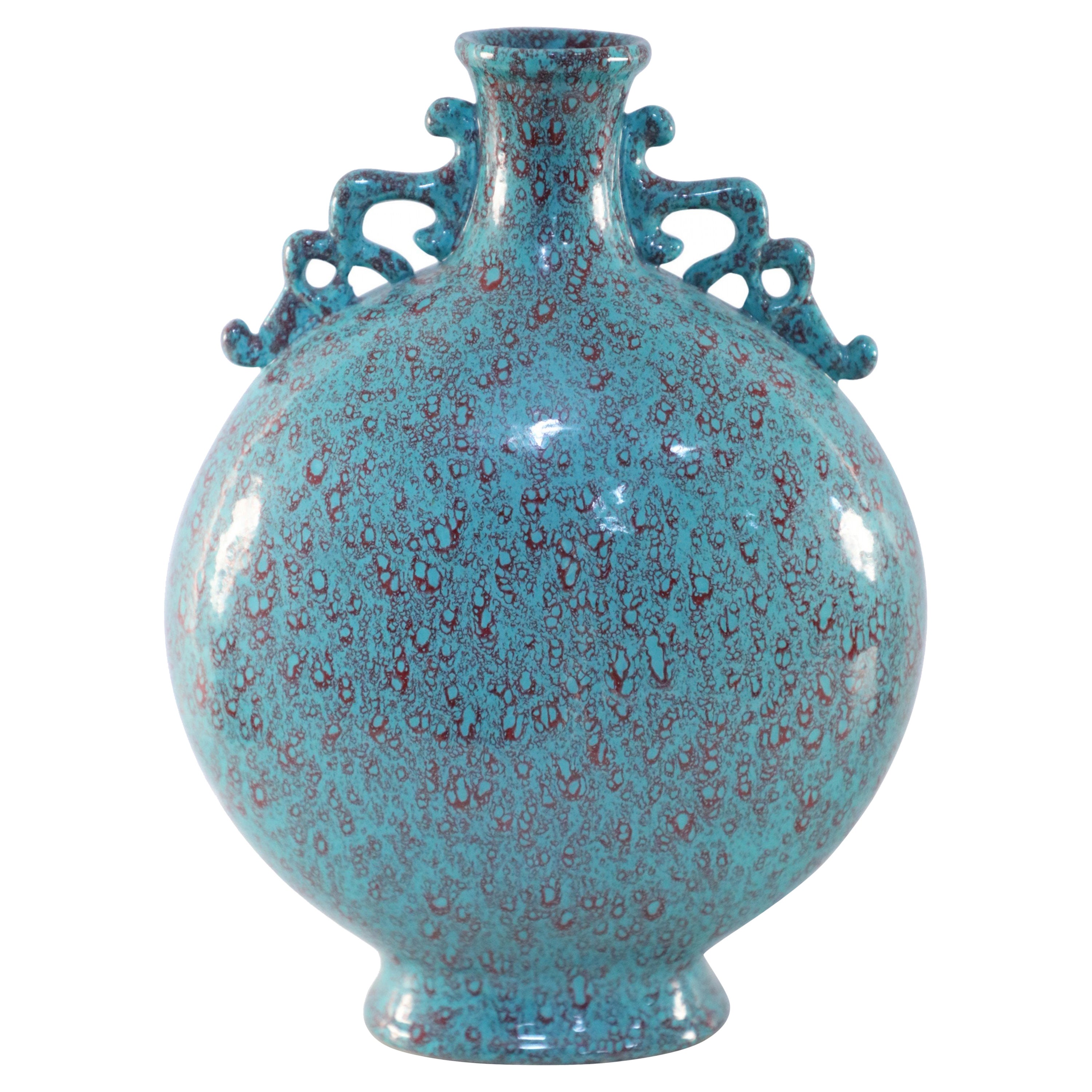 Chinese Teal and Red Crackle Porcelain Moon Flask Vase