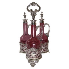 Stunning Cranberry Glass and Silver Plate Decanter Set c.1890