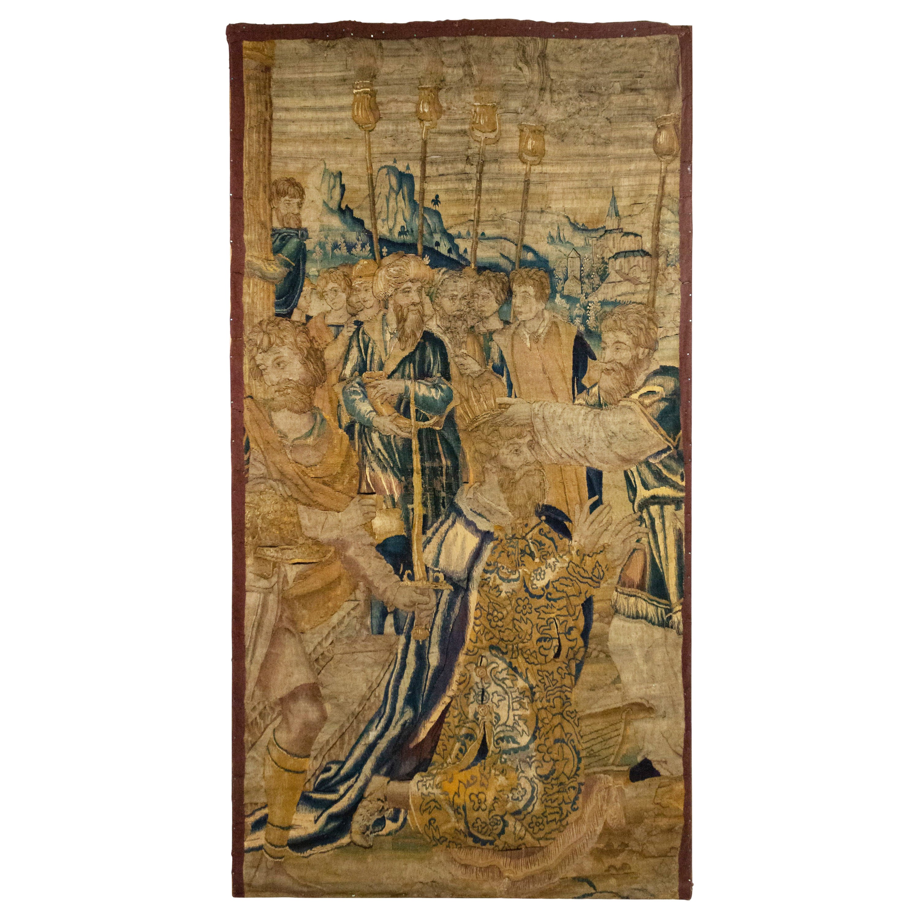 Belgian 17th Century Woven Tapestry of Kneeling King For Sale