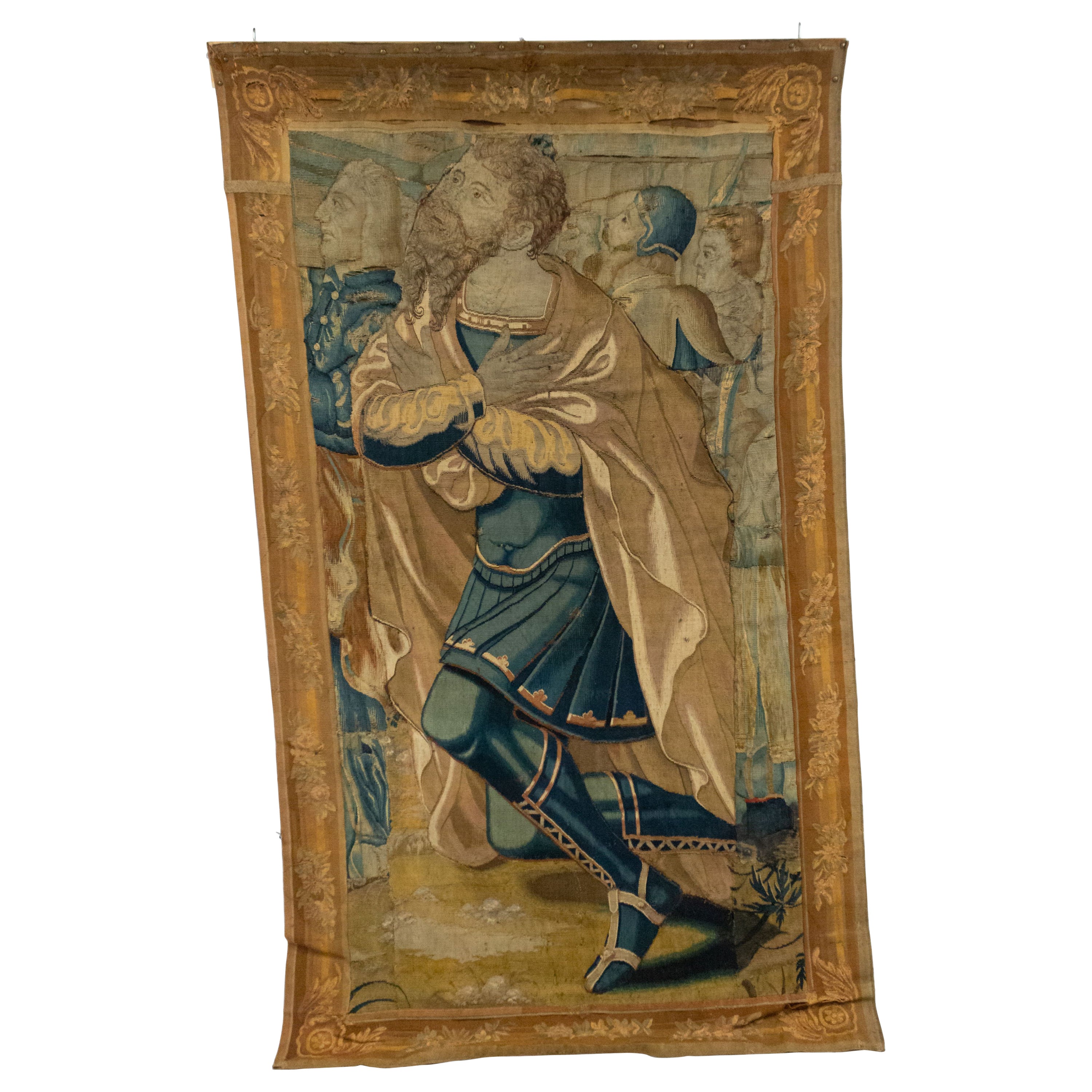 Gewebter Wandteppich eines knienden Mannes aus Belgien, 17. Jahrhundert
