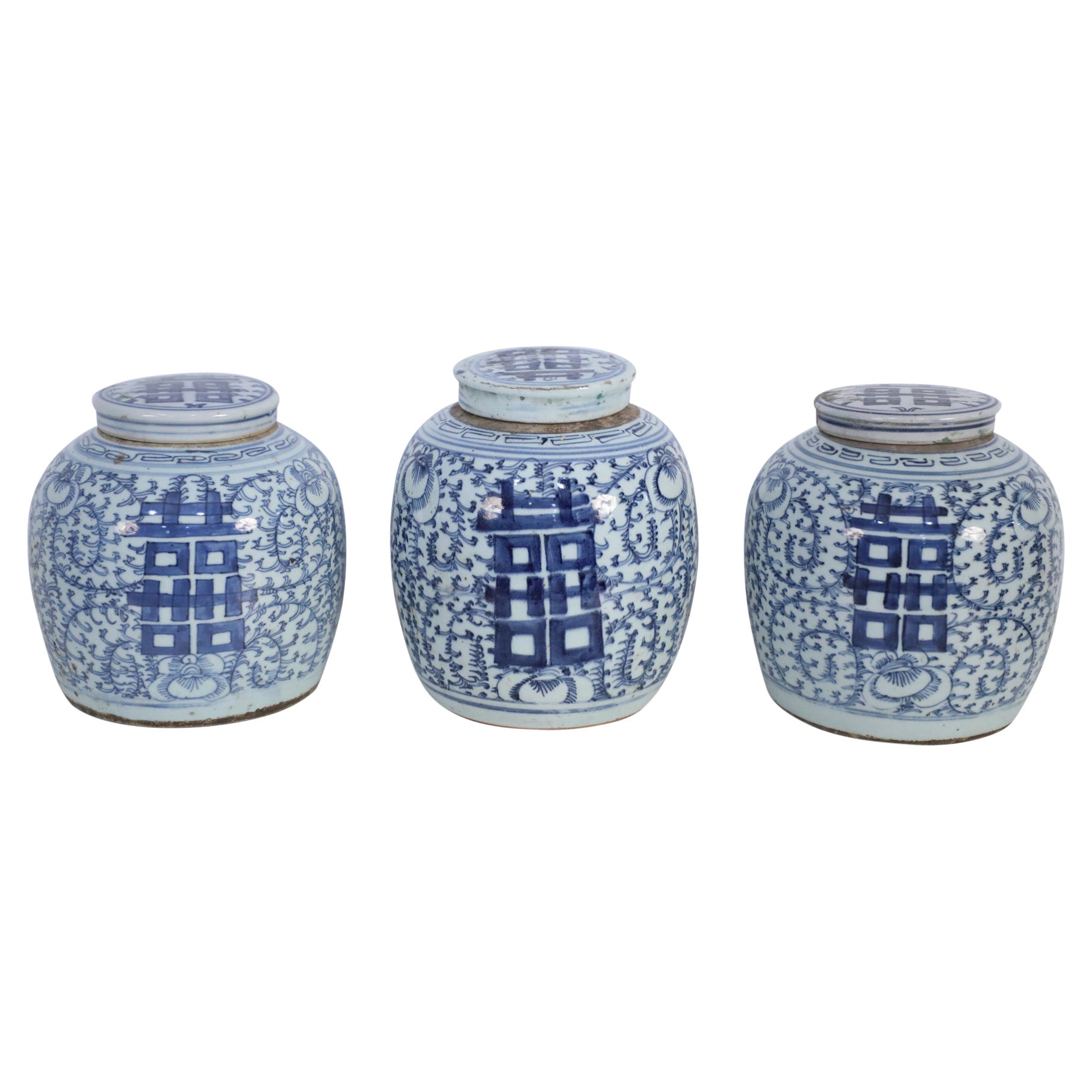 Chinese White and Blue Character Lidded Ginger Jar Vases