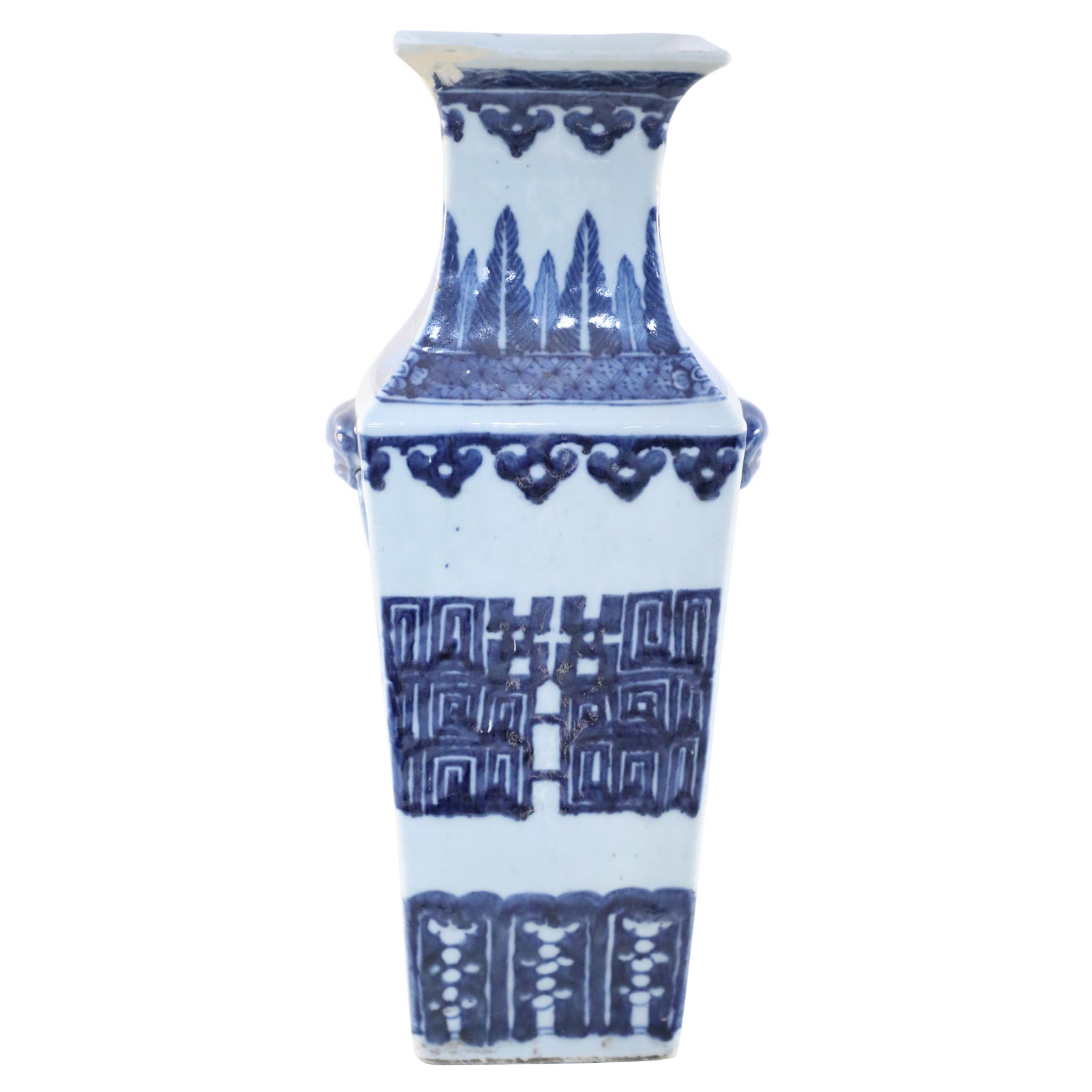 Antike chinesische quadratische Vase in Weiß und Blau