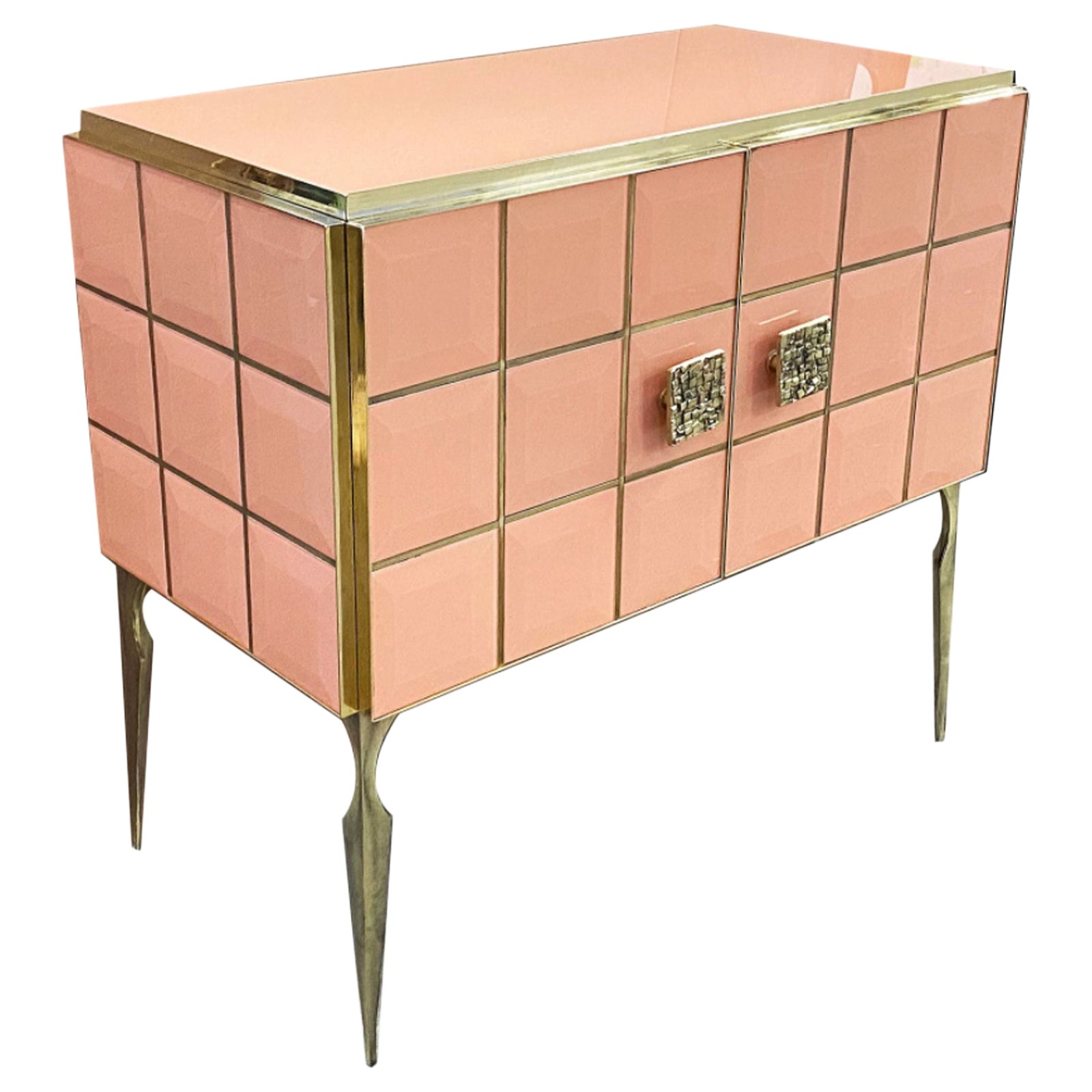 Modern Italian Custom Art Deco Style Royal Pink Glass Brass Edged Cabinet /Bar