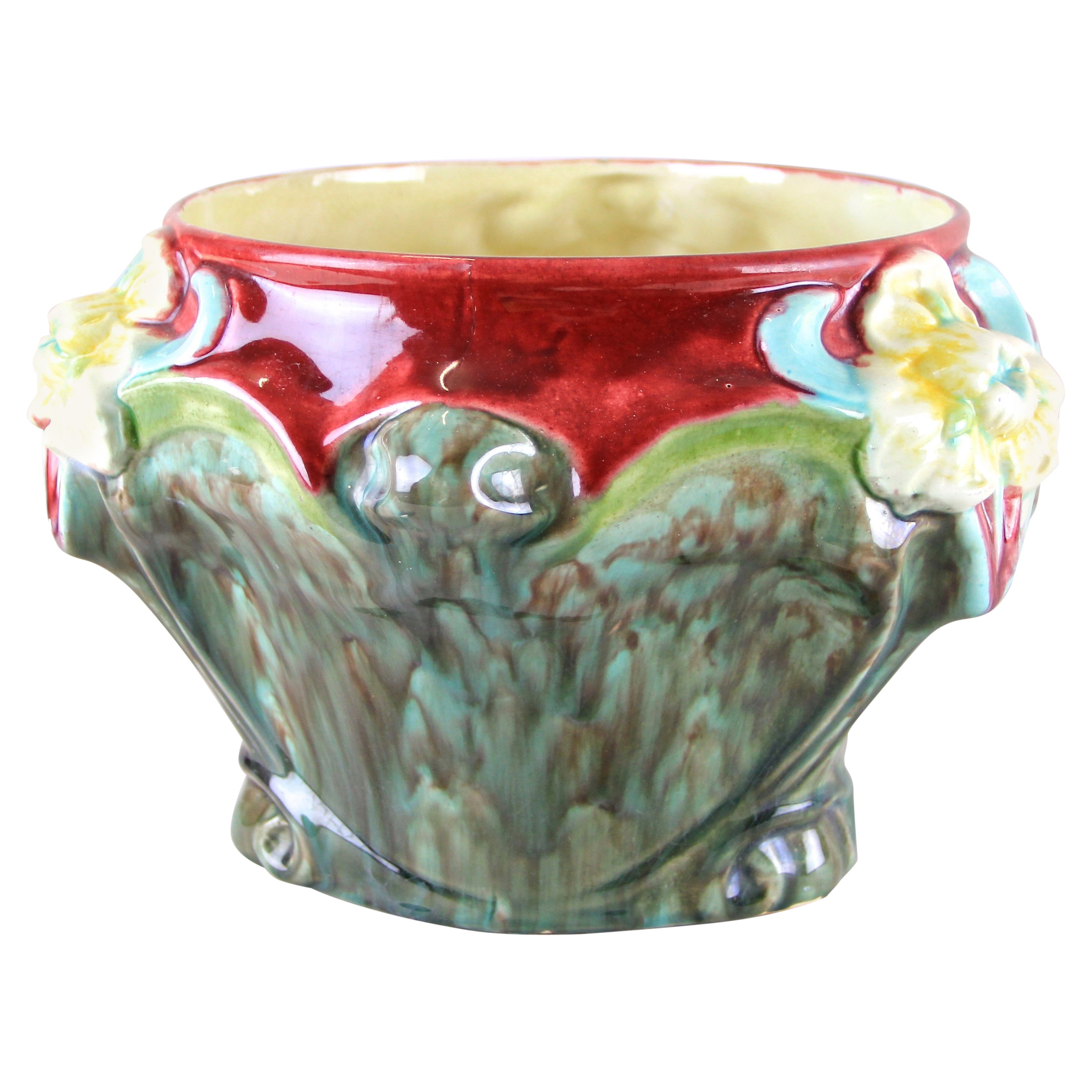 Art Nouveau Majolica Cachepot Hand-Painted, France, circa 1910