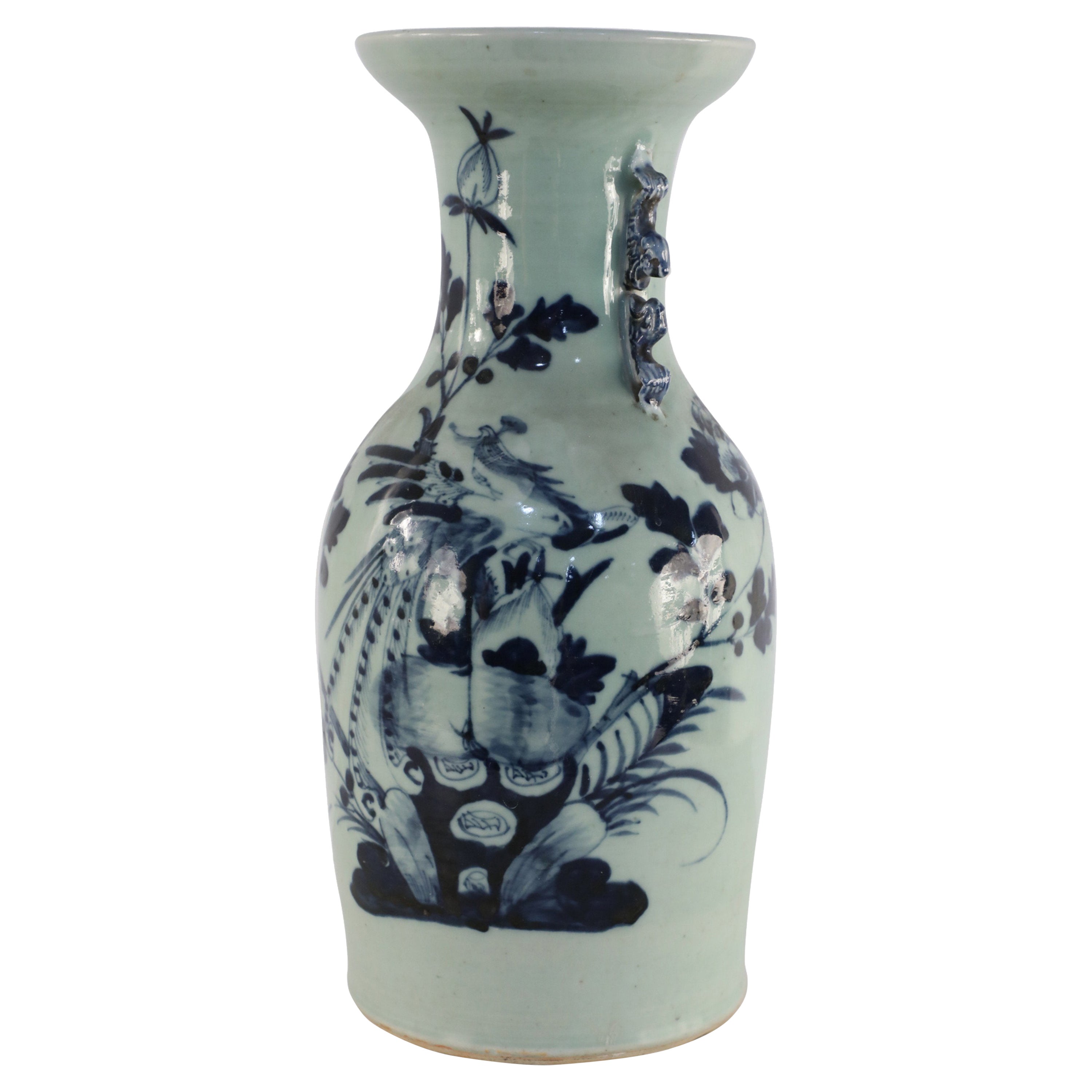 Urne chinoise en porcelaine à motif d'oiseaux blanc cassé et bleu marine