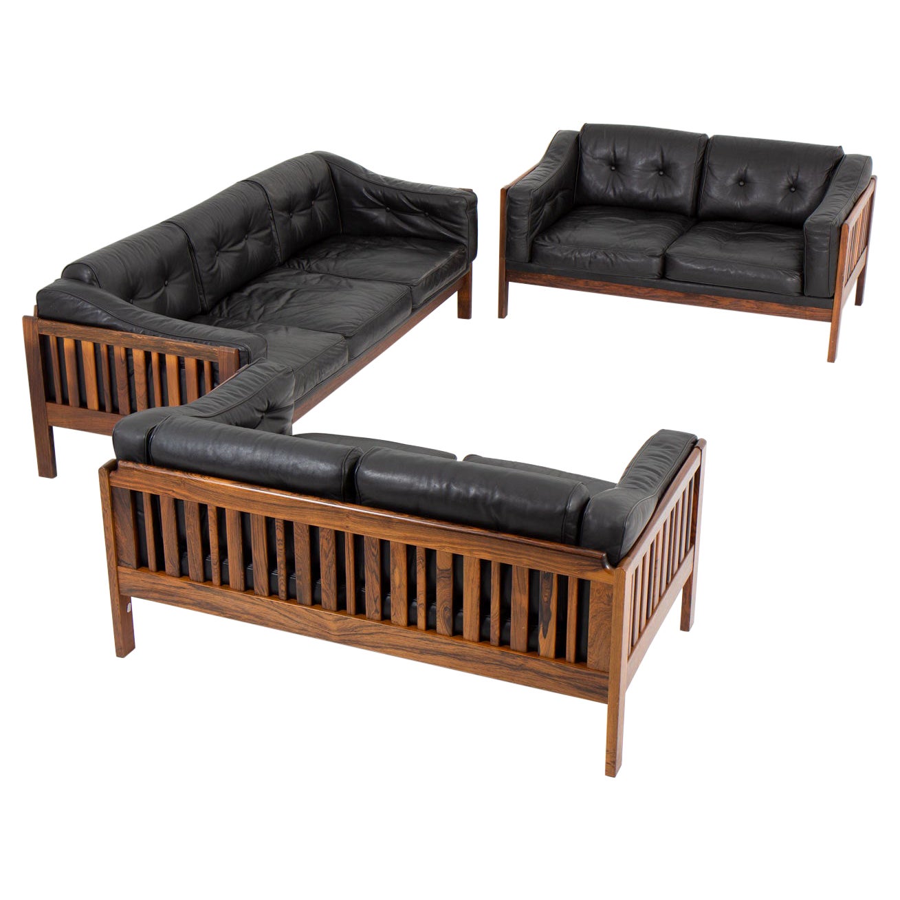 Scandinavian Rosewood and Black Leather Seating Group "Monte Carlo", 1965 For Sale