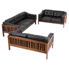 Vintage Scandinavian Rosewood and Black Leather Seating Group "Monte Carlo", 1965