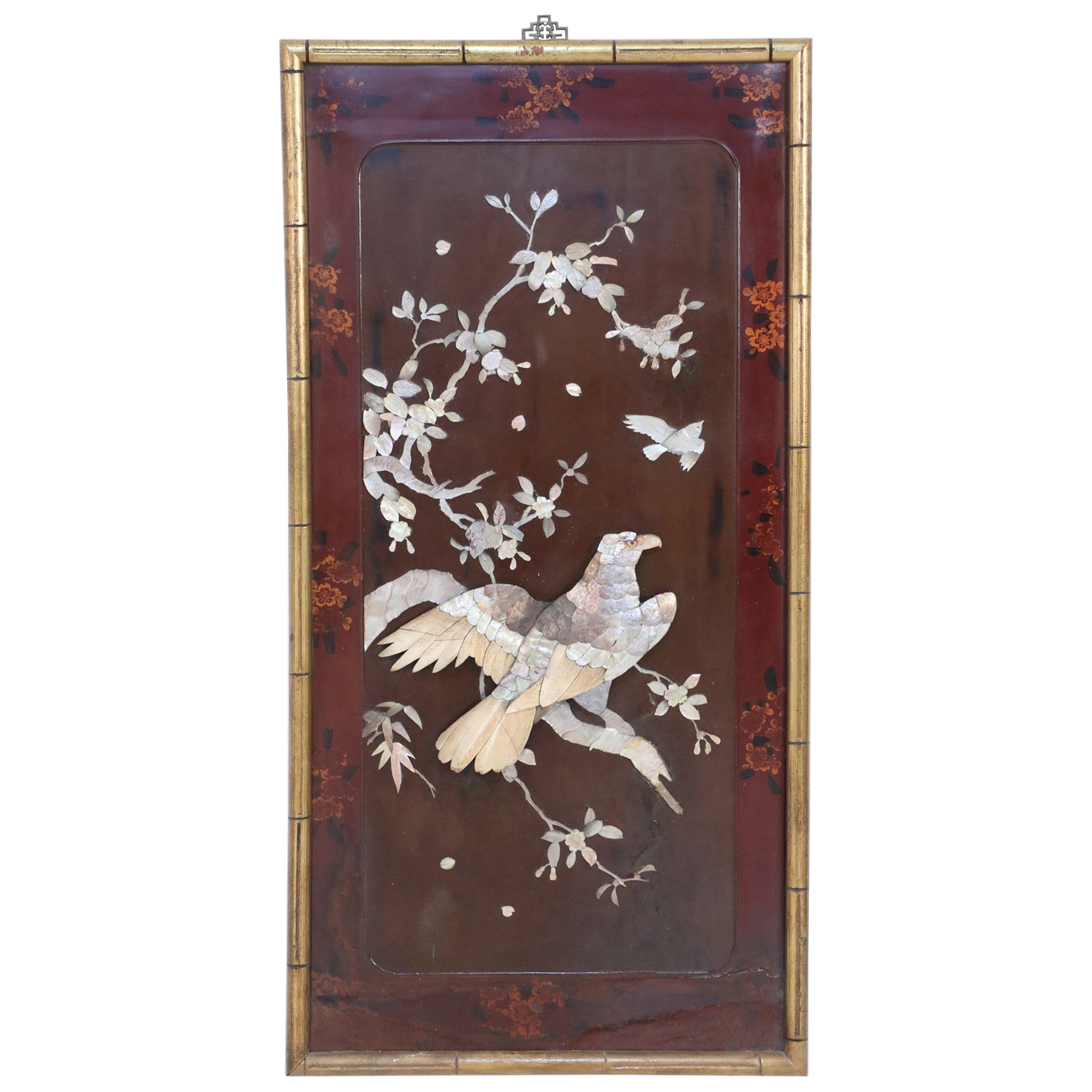 Chinese Panel Art Depicting Birds and Branches in Raised Mother of Pearl Pieces