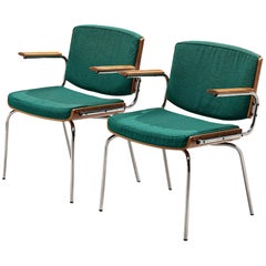 Pair of Danish Armchairs in Teak and Green Upholstery