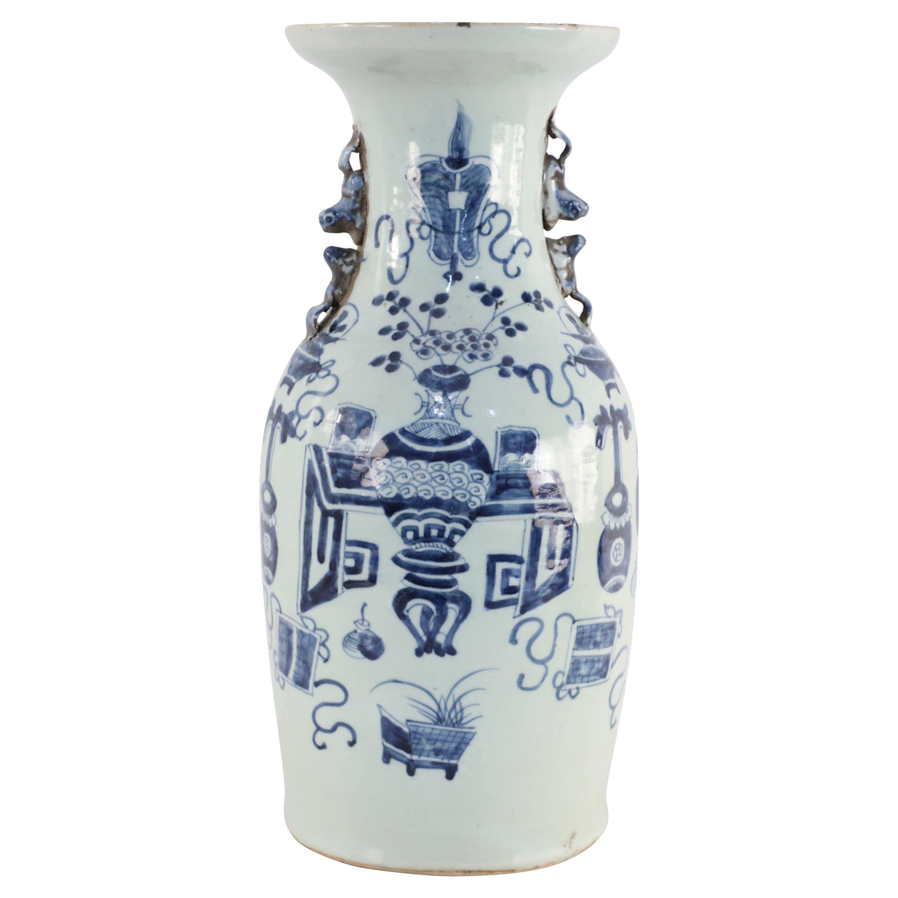 Chinese White and Navy Blue Patterned Handled Porcelain Urn For Sale