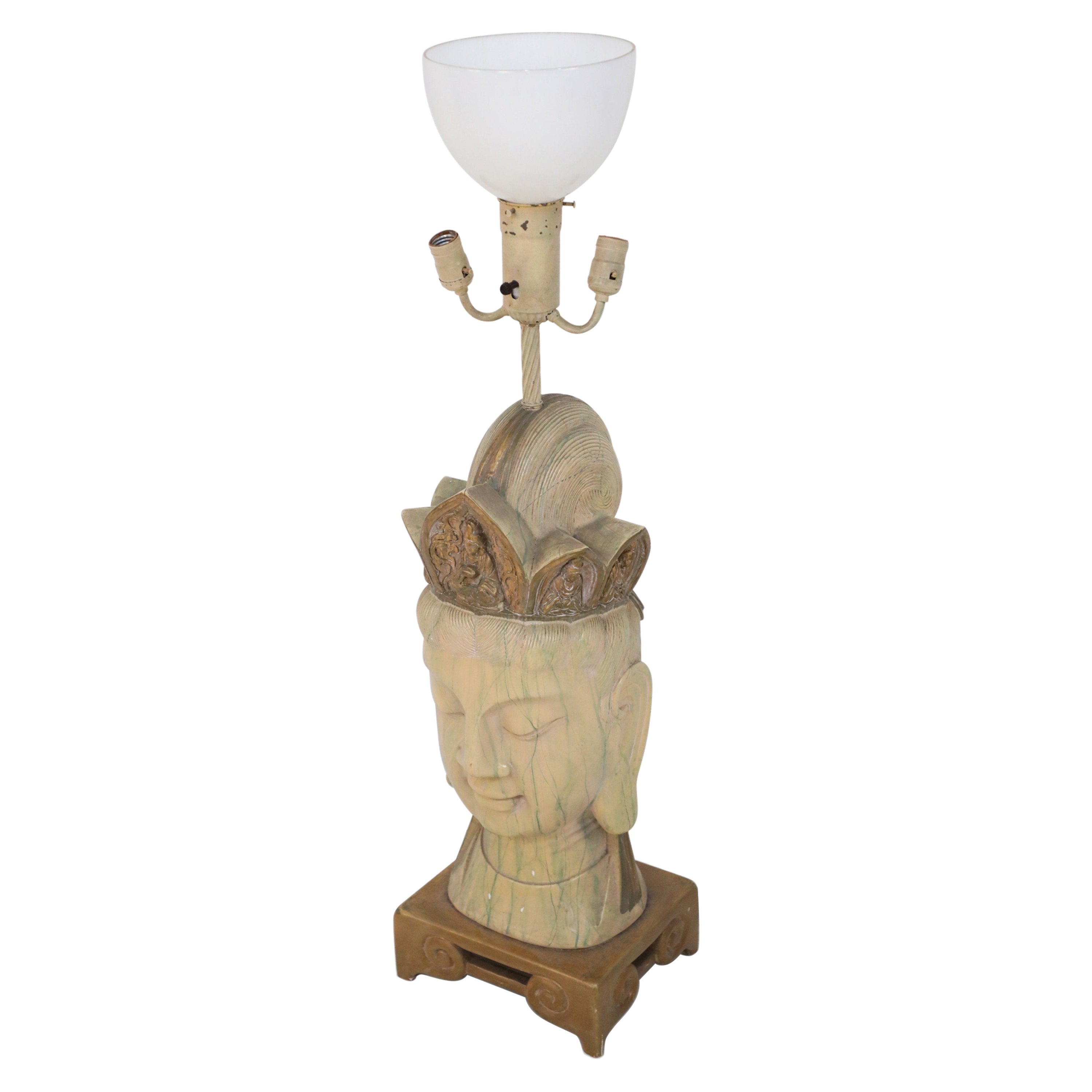 Grande lampe de bureau chinoise à tête de Bouddha en bois sculpté et peint