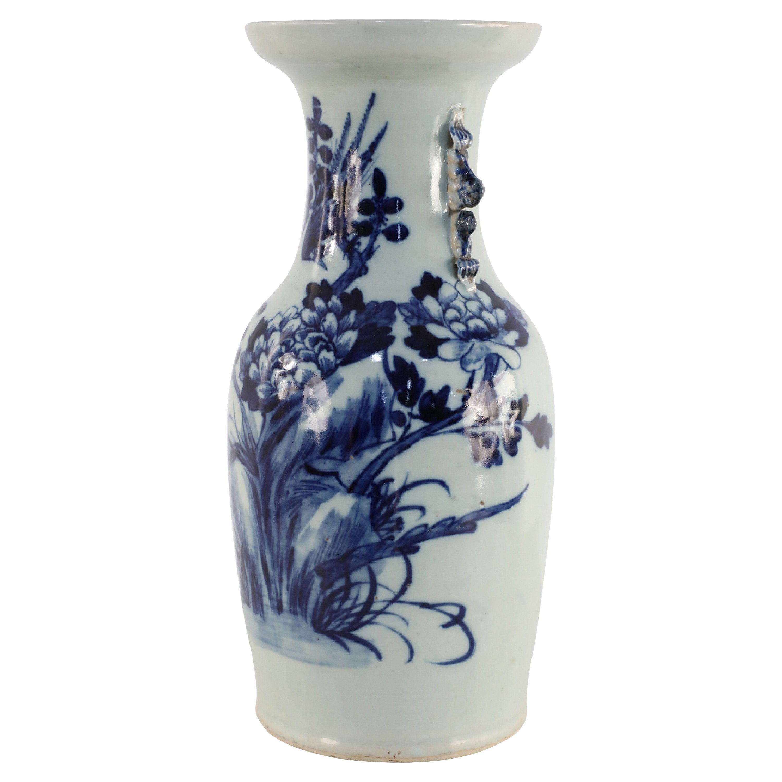 Chinese White and Navy Blue Botanical Design Porcelain Urn