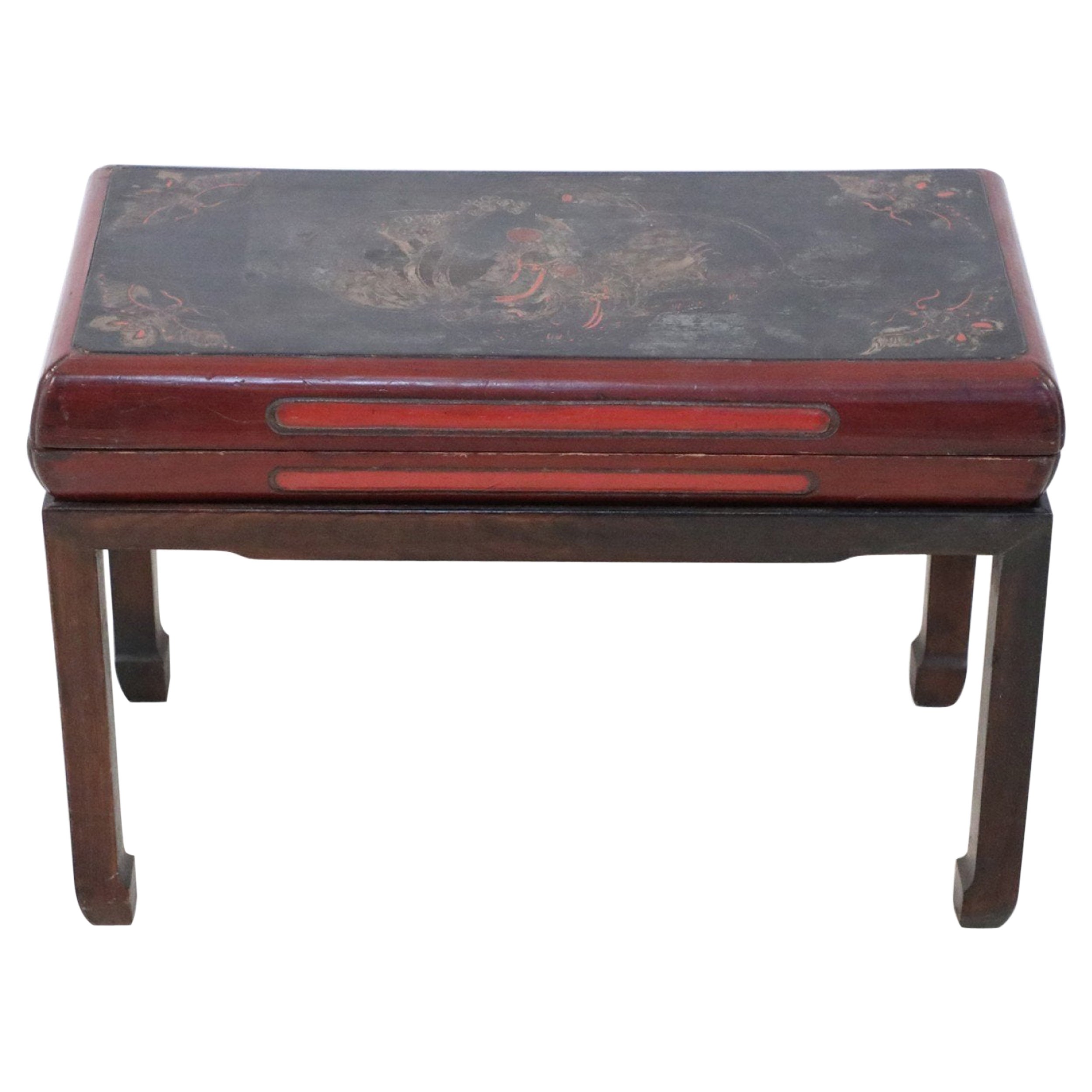 Antique Chinese Red and Brown Wooden Storage Bench