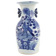 Antique Chinese White and Blue Chrysanthemum and Bird Porcelain Urn