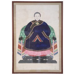 Framed Chinese Pen and Ink Ancestor Portrait in Navy