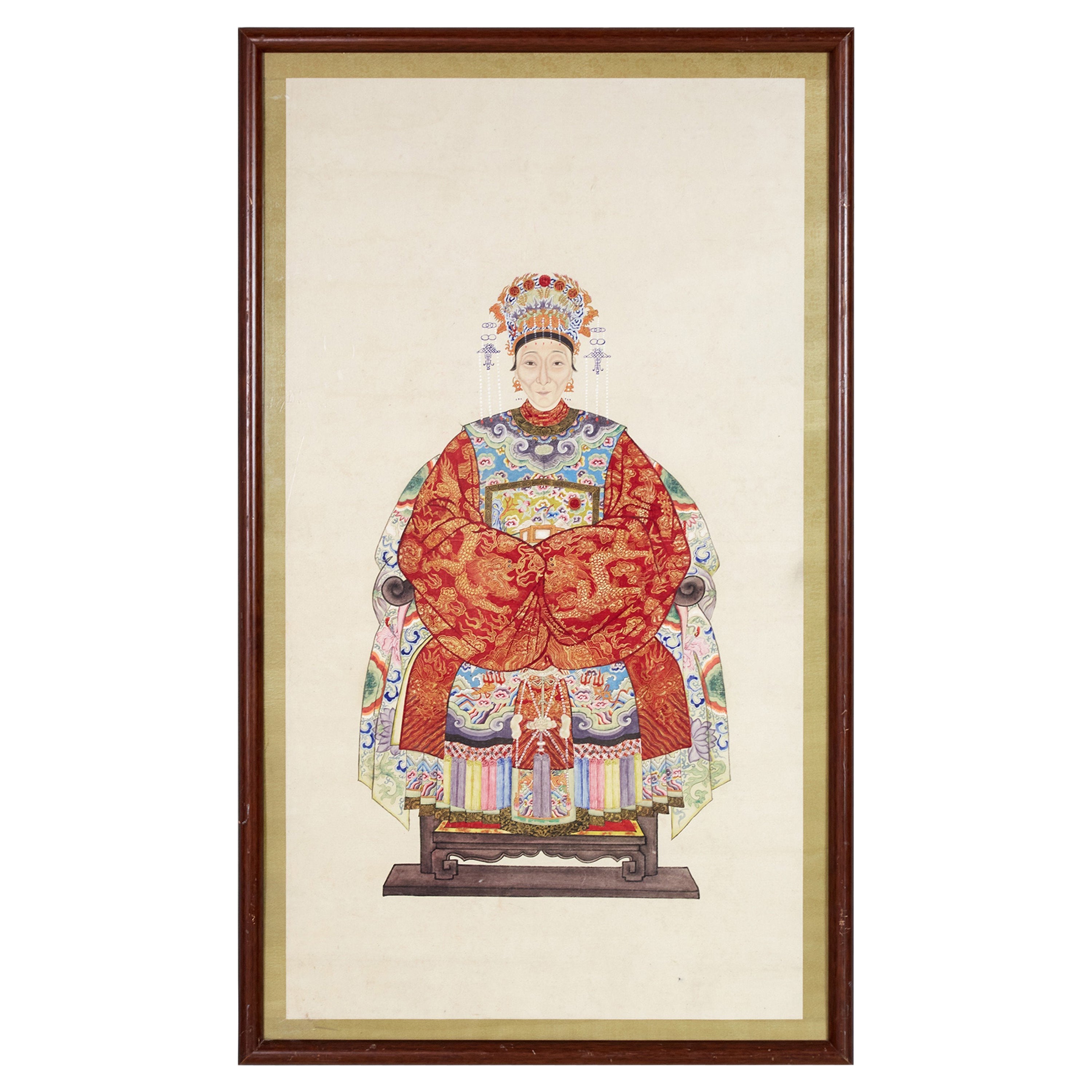 Framed Vintage Chinese Pen and Ink Ancestor Portrait in Red