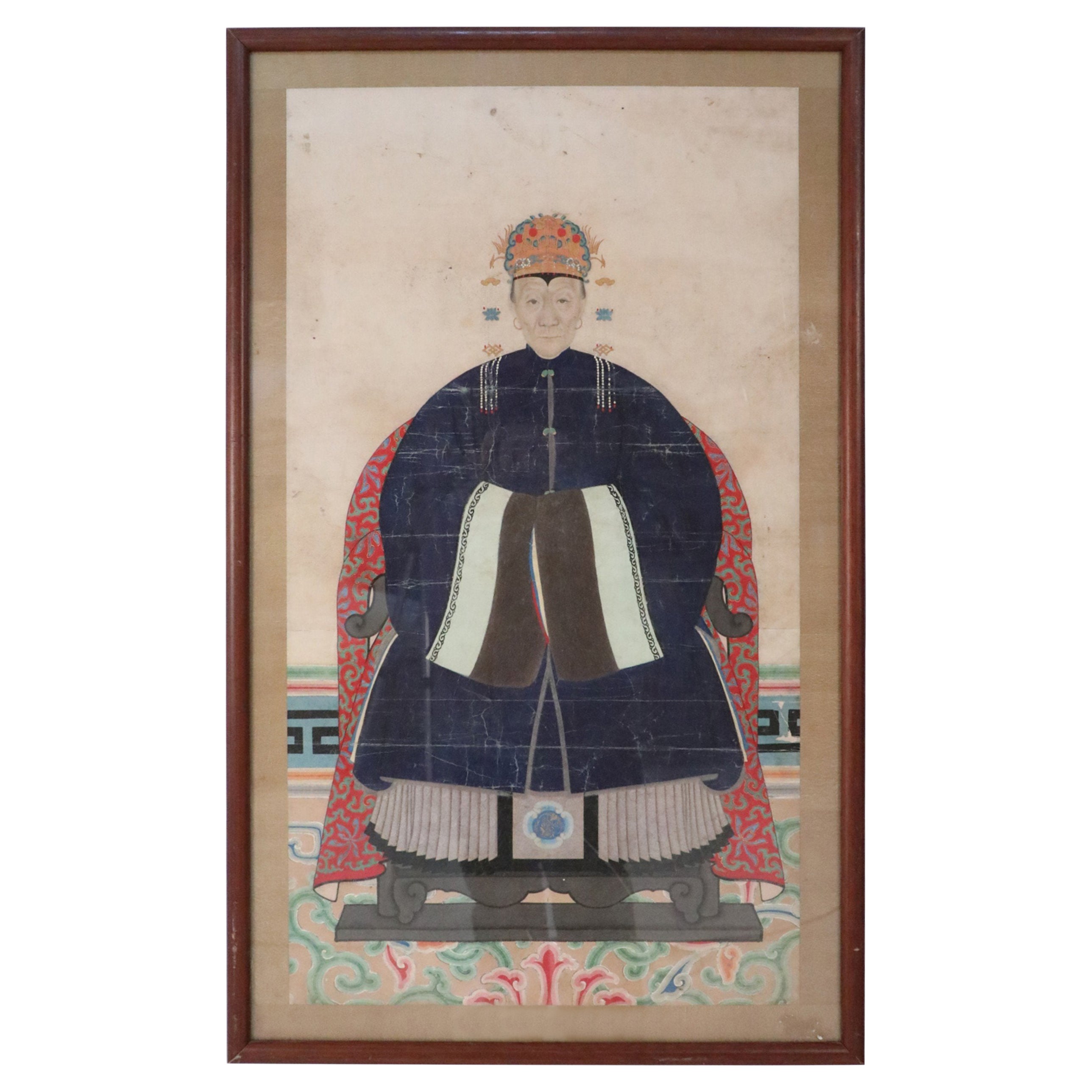 Framed Chinese Pen and Ink Ancestor in Navy Robes Portrait