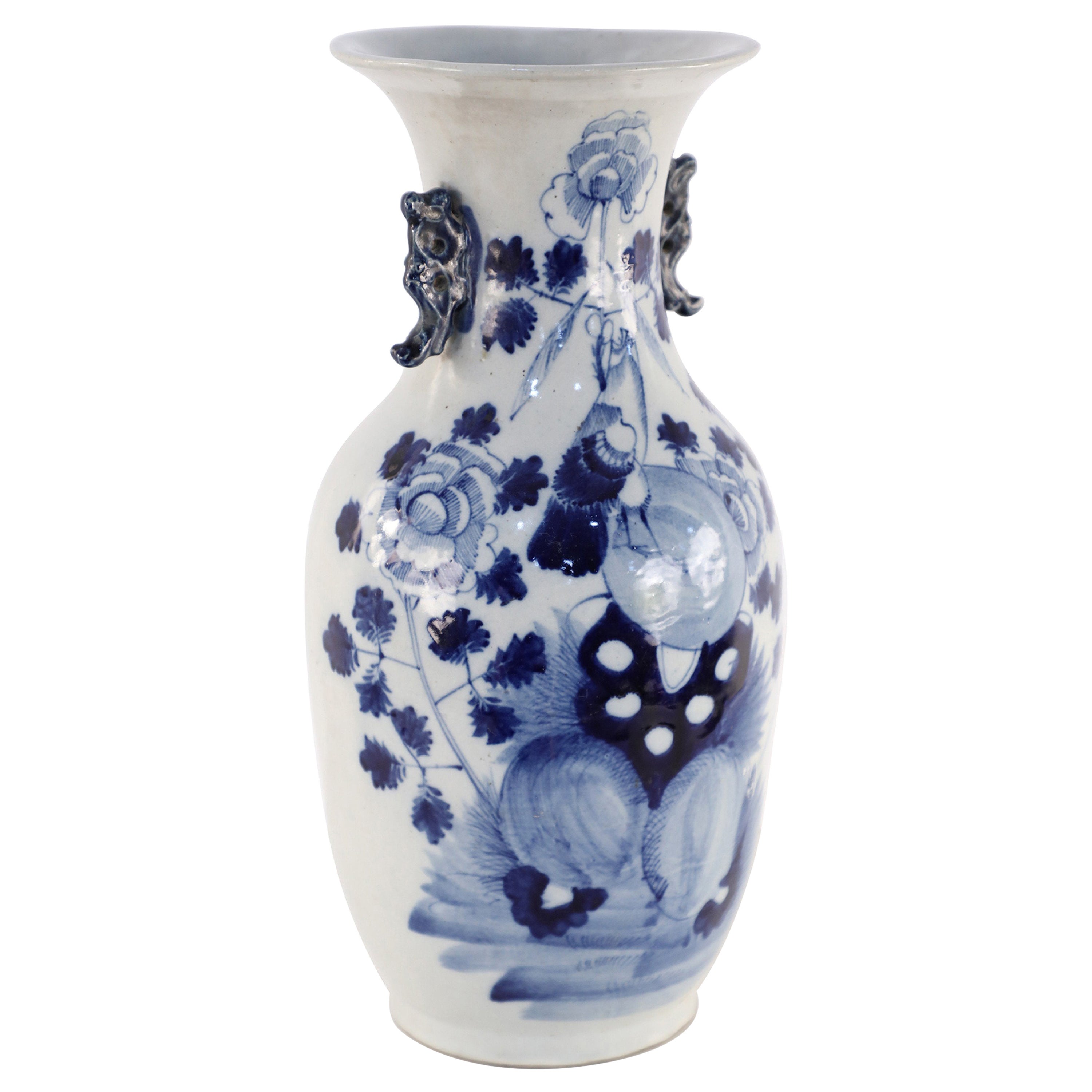 Chinese White and Blue Lily Pad and Floral Design Porcelain Urn