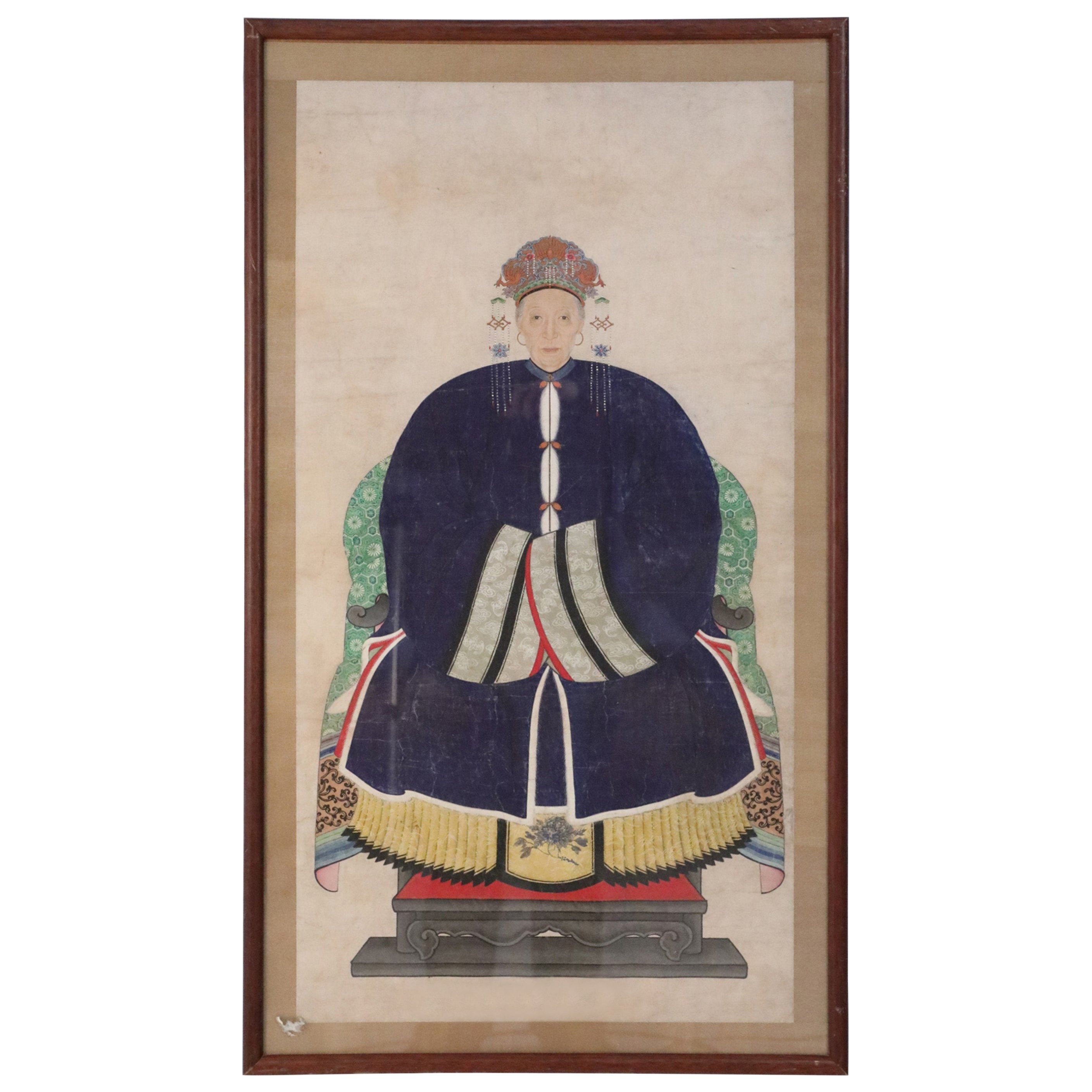 Framed Chinese Pen and Ink Ancestor Portrait in Navy Dress For Sale