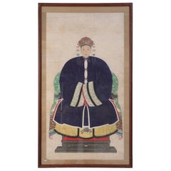 Framed Chinese Pen and Ink Ancestor Portrait in Navy Dress