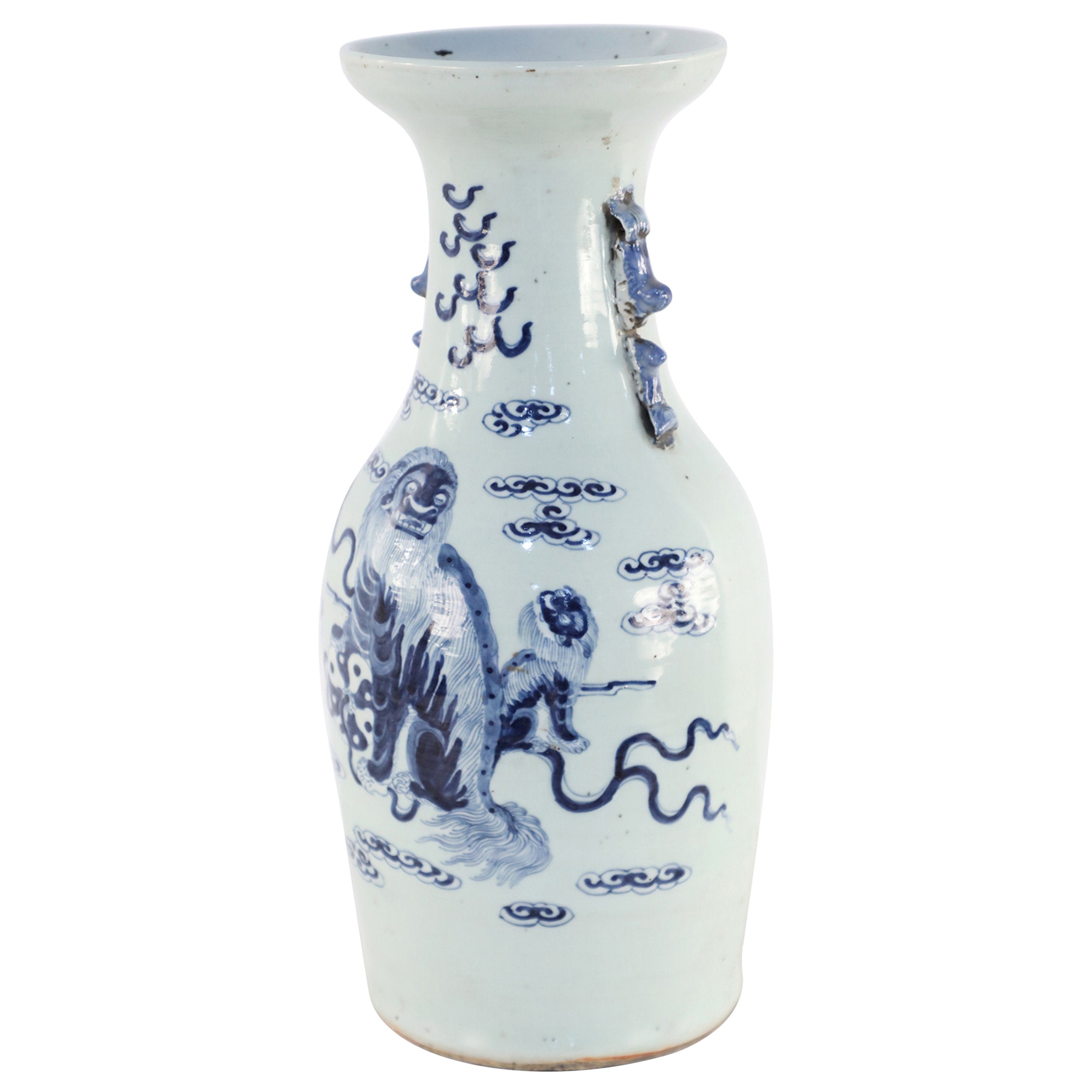 Chinese White and Blue Foo Dog and Serpent Design Porcelain Urn