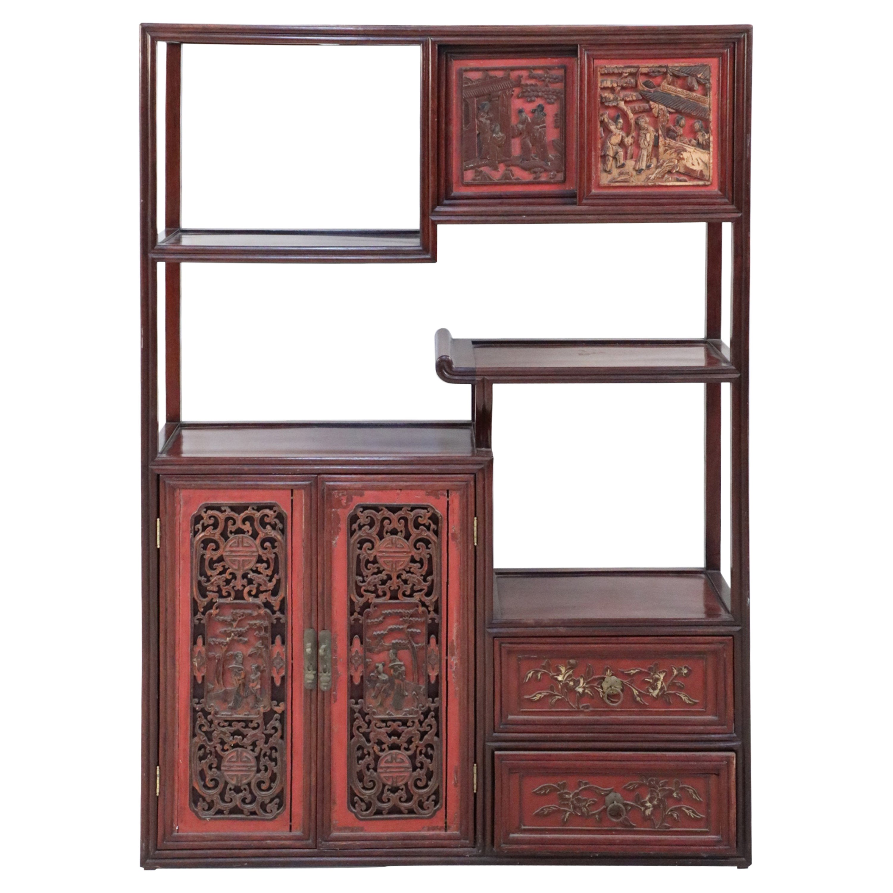 Chinese Carved Wood and Red Accented Bogu Etagere Shelf