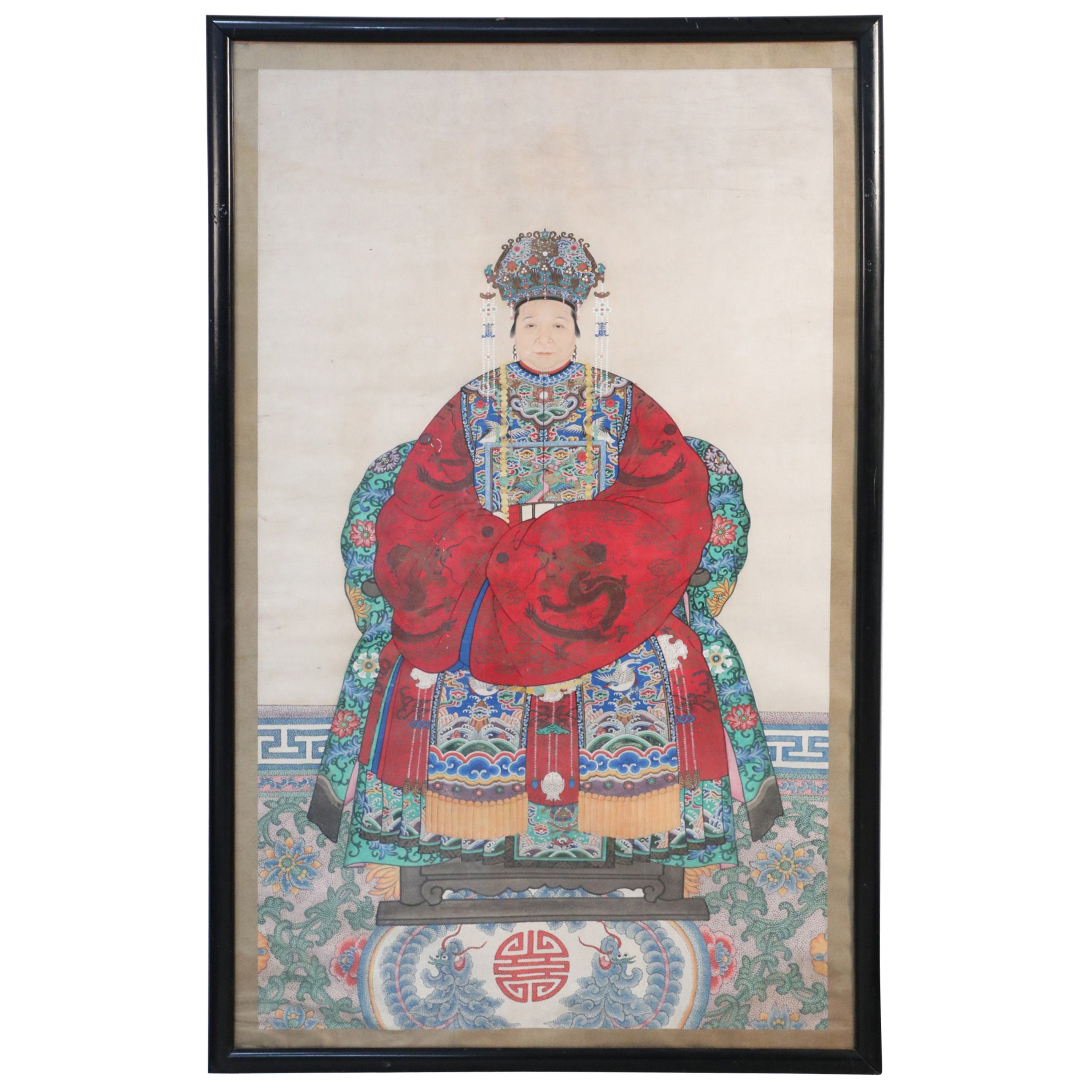 Framed Chinese Pen and Ink Ancestor Portrait in Red Dress