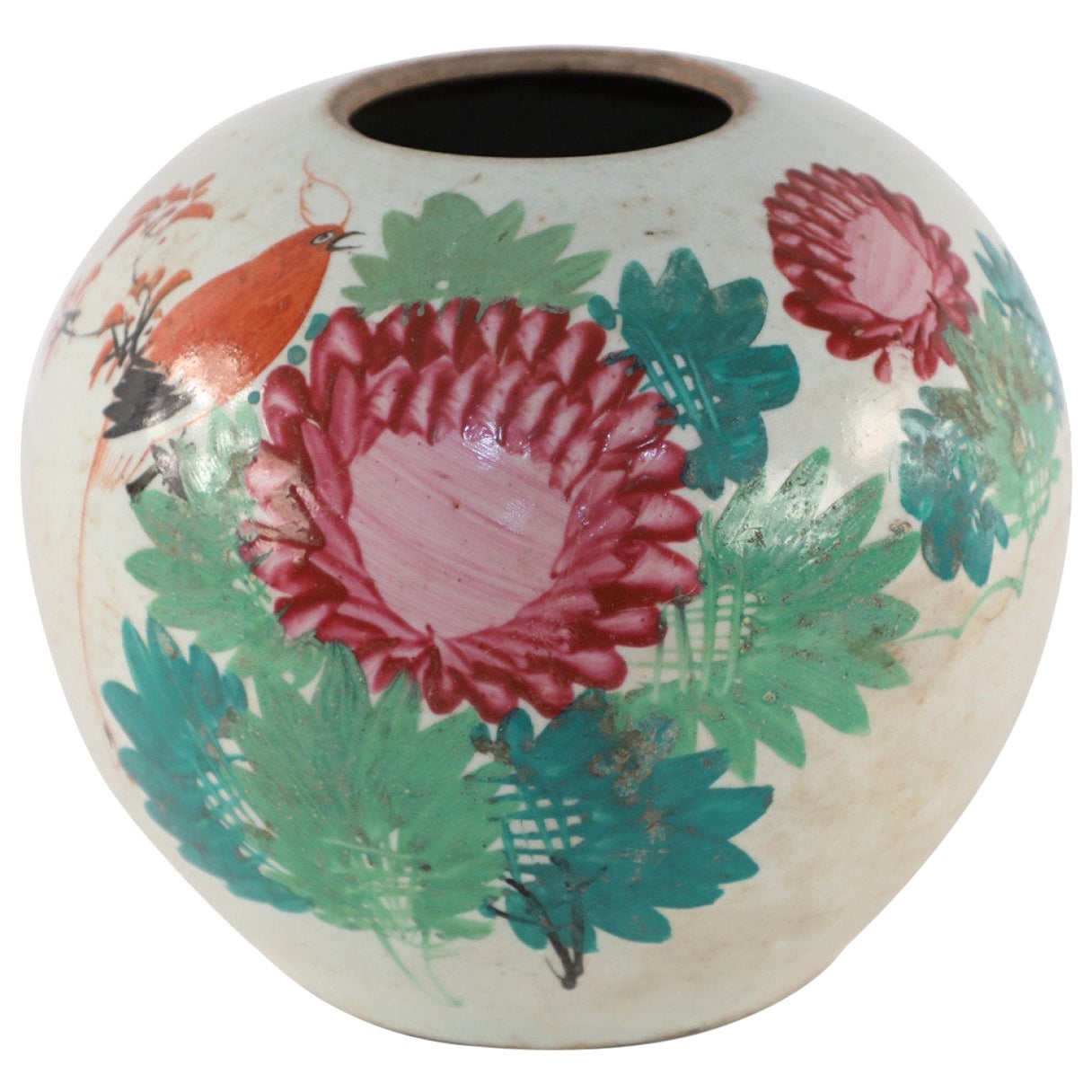 Vase rond en porcelaine chinoise de couleur crème à motifs floraux et oiseaux