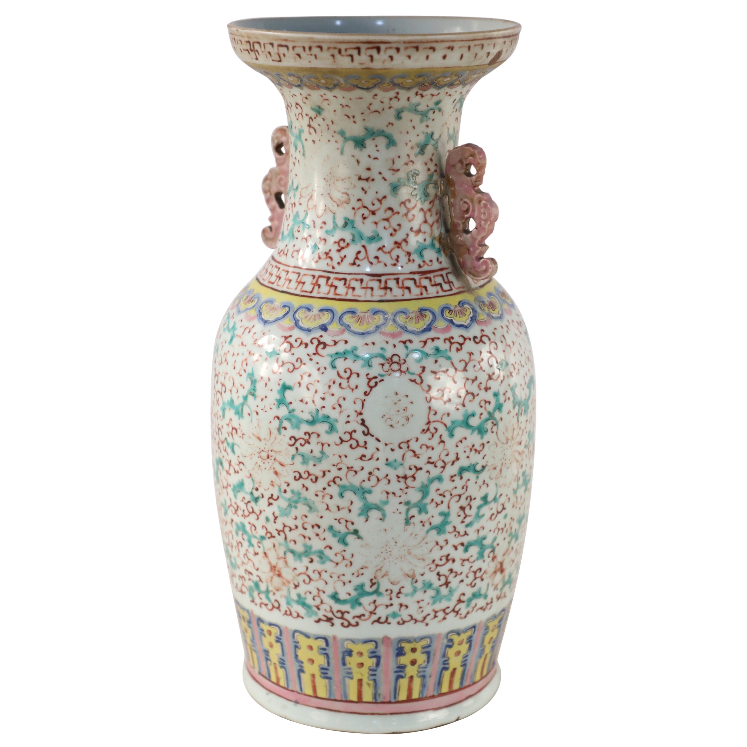 Chinese Green and Red Faded Floral Porcelain Urn For Sale