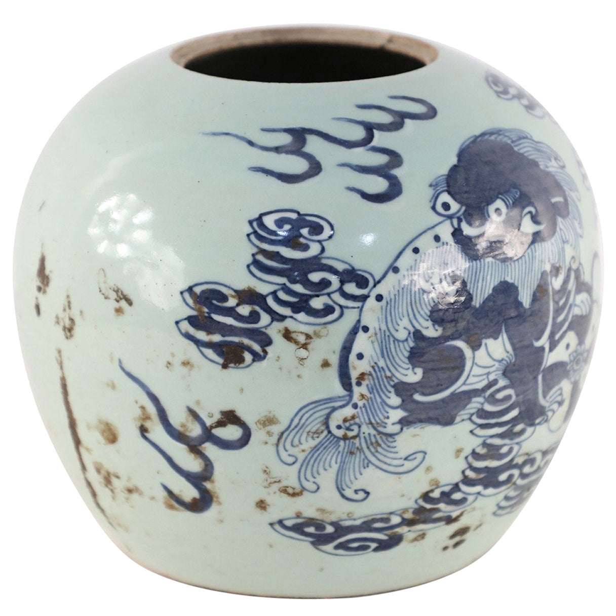 Vase chinois en porcelaine à motif de dragon bleu et céladon en vente